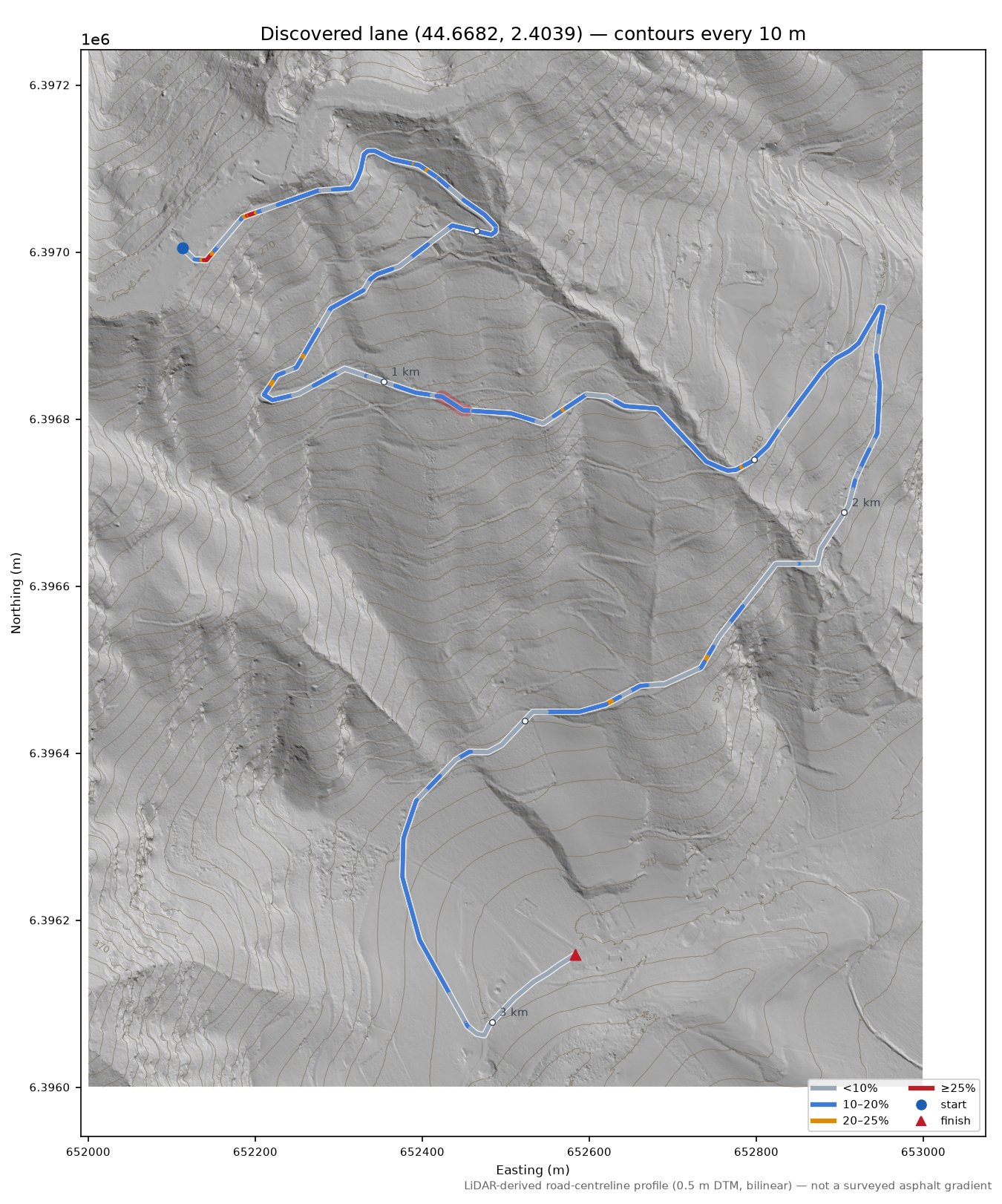 Discovered lane (44.6682, 2.4039) LiDAR hillshade map with contours
