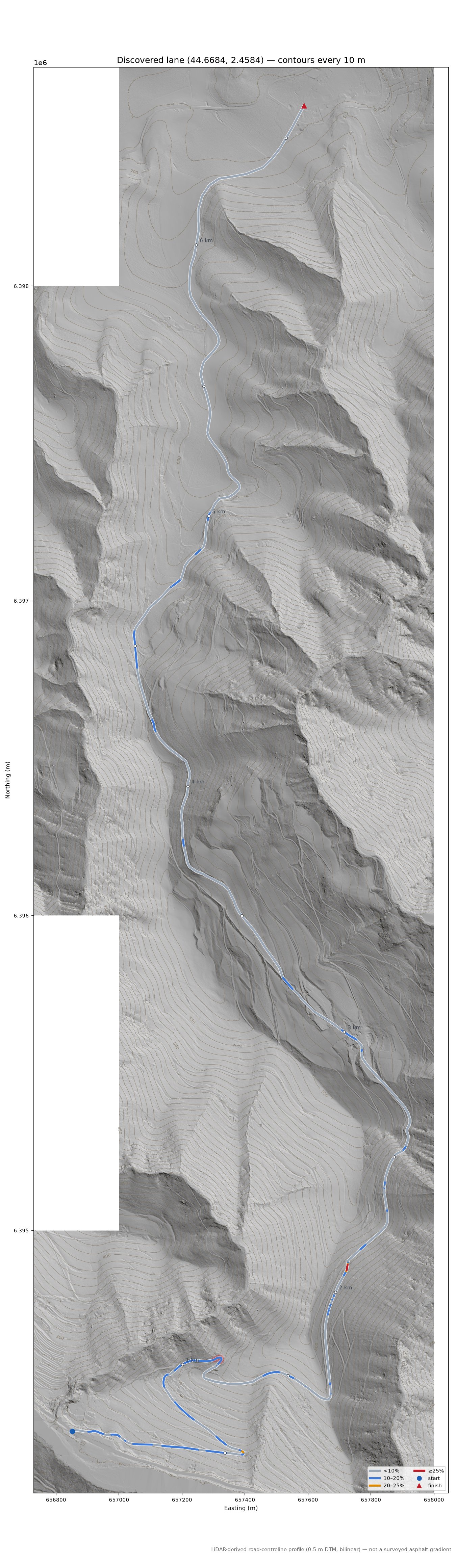 Discovered lane (44.6684, 2.4584) LiDAR hillshade map with contours