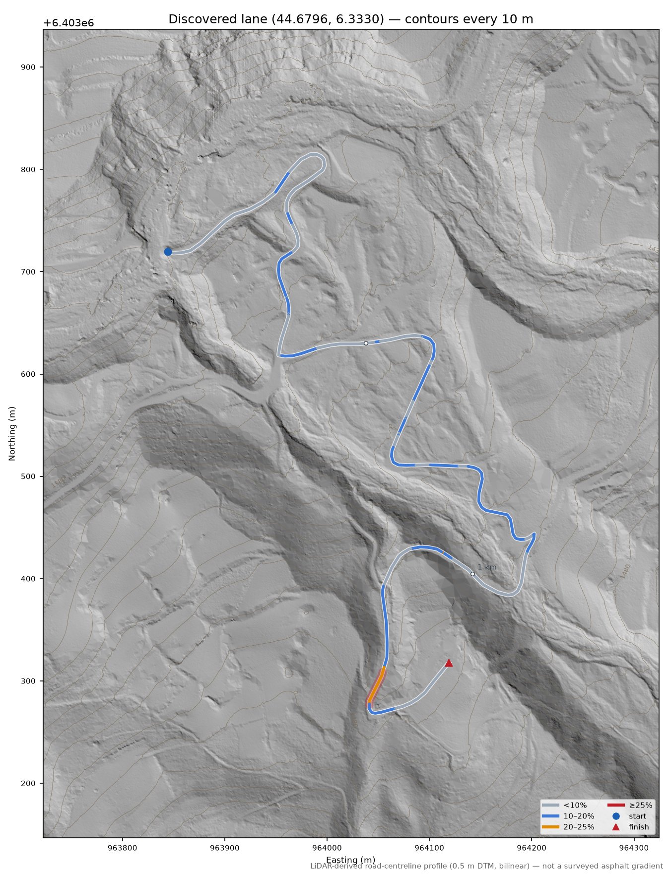 Discovered lane (44.6796, 6.3330) LiDAR hillshade map with contours
