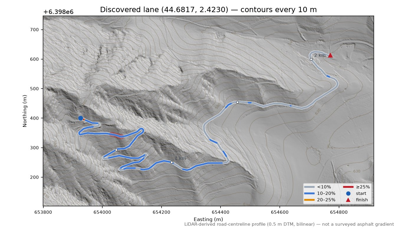 Discovered lane (44.6817, 2.4230) LiDAR hillshade map with contours