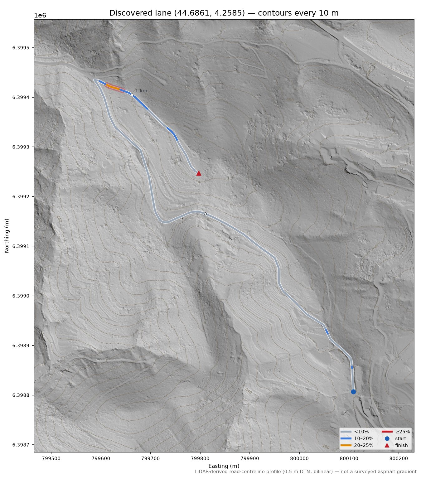 Discovered lane (44.6861, 4.2585) LiDAR hillshade map with contours