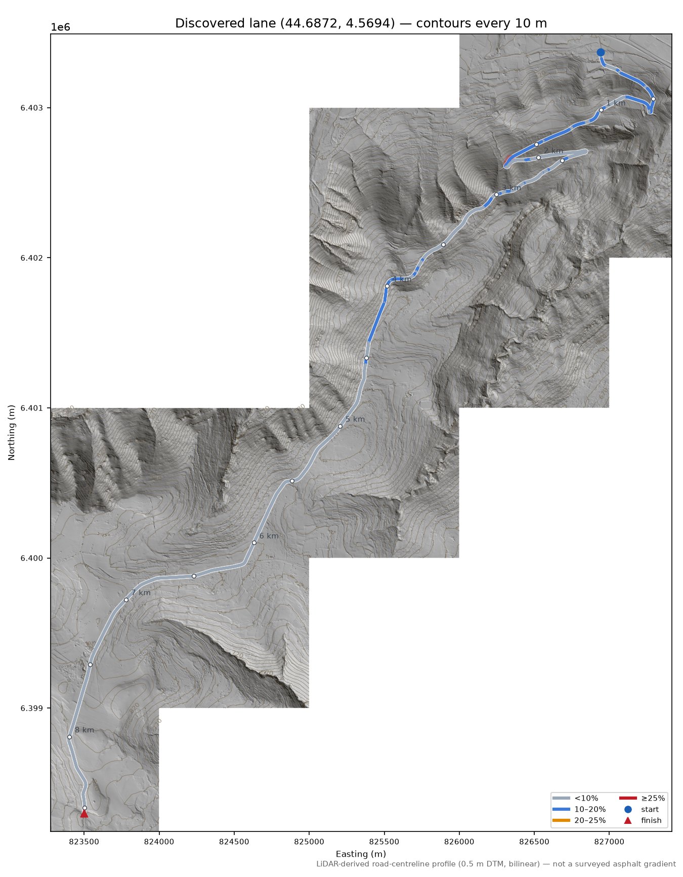 Discovered lane (44.6872, 4.5694) LiDAR hillshade map with contours