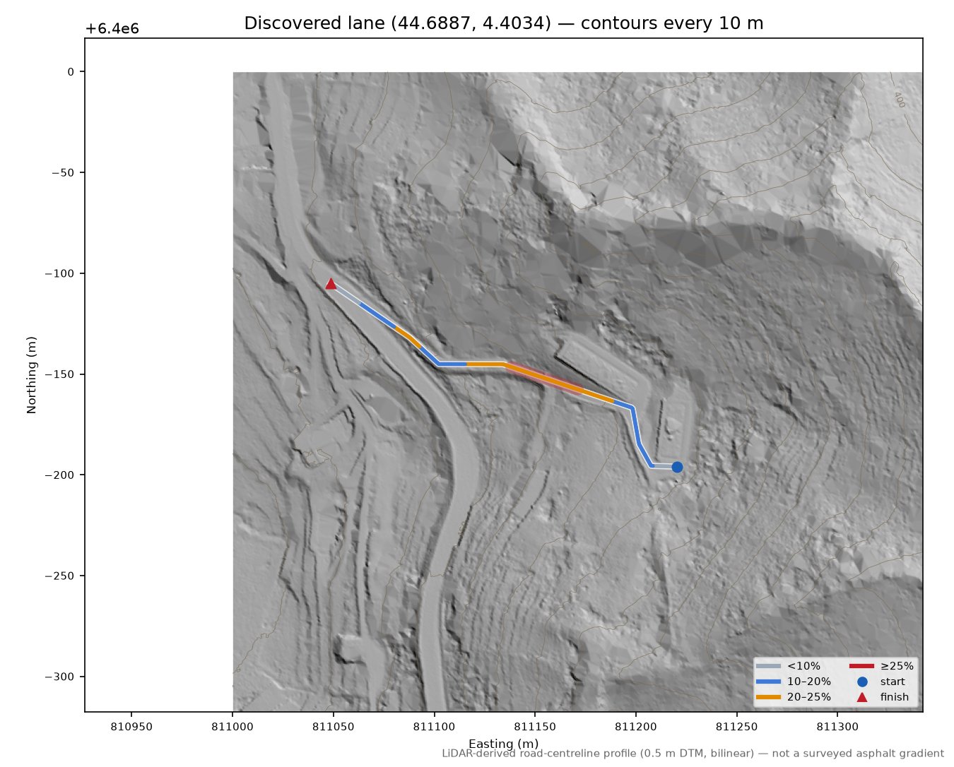 Discovered lane (44.6887, 4.4034) LiDAR hillshade map with contours