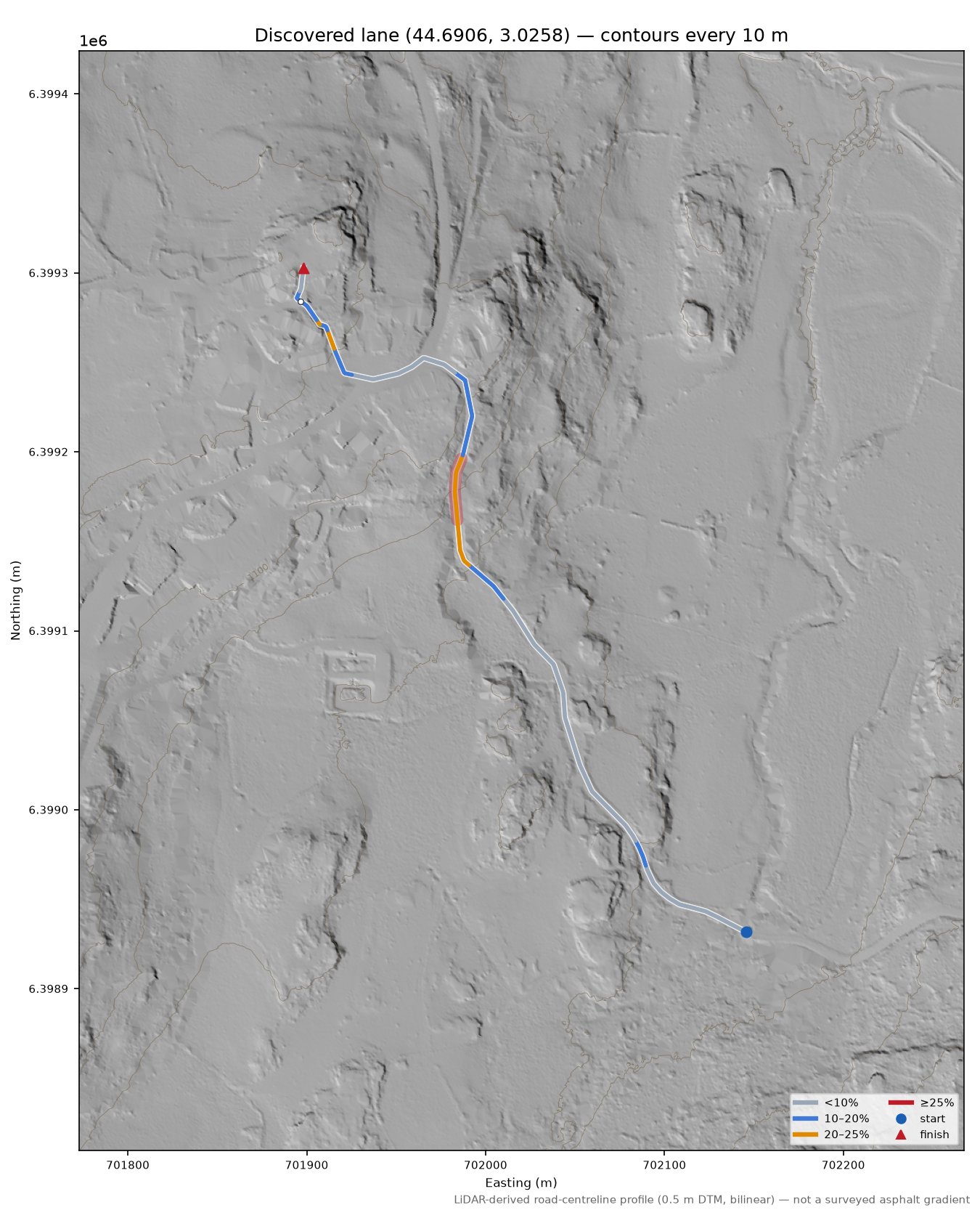 Discovered lane (44.6906, 3.0258) LiDAR hillshade map with contours