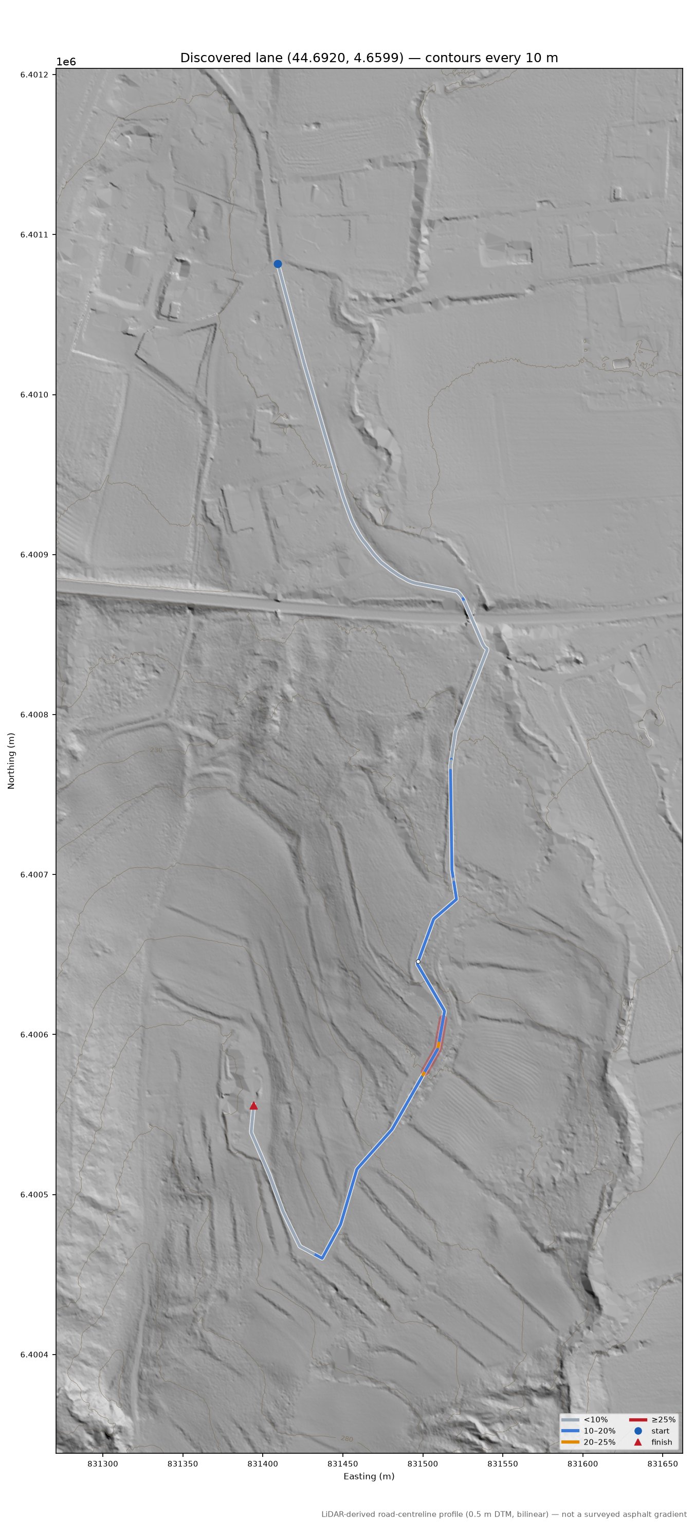 Discovered lane (44.6920, 4.6599) LiDAR hillshade map with contours
