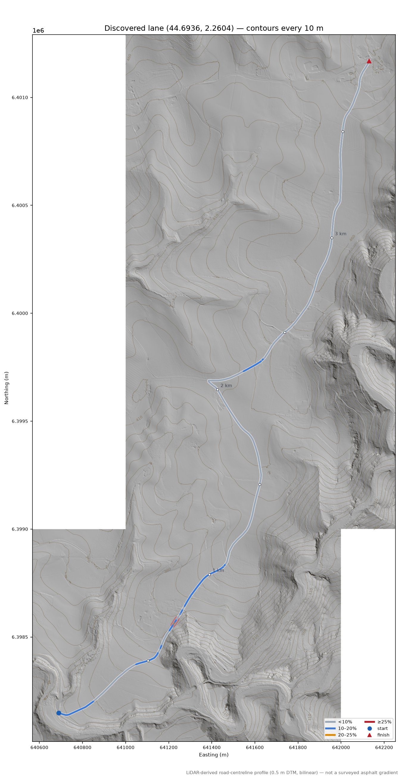 Discovered lane (44.6936, 2.2604) LiDAR hillshade map with contours