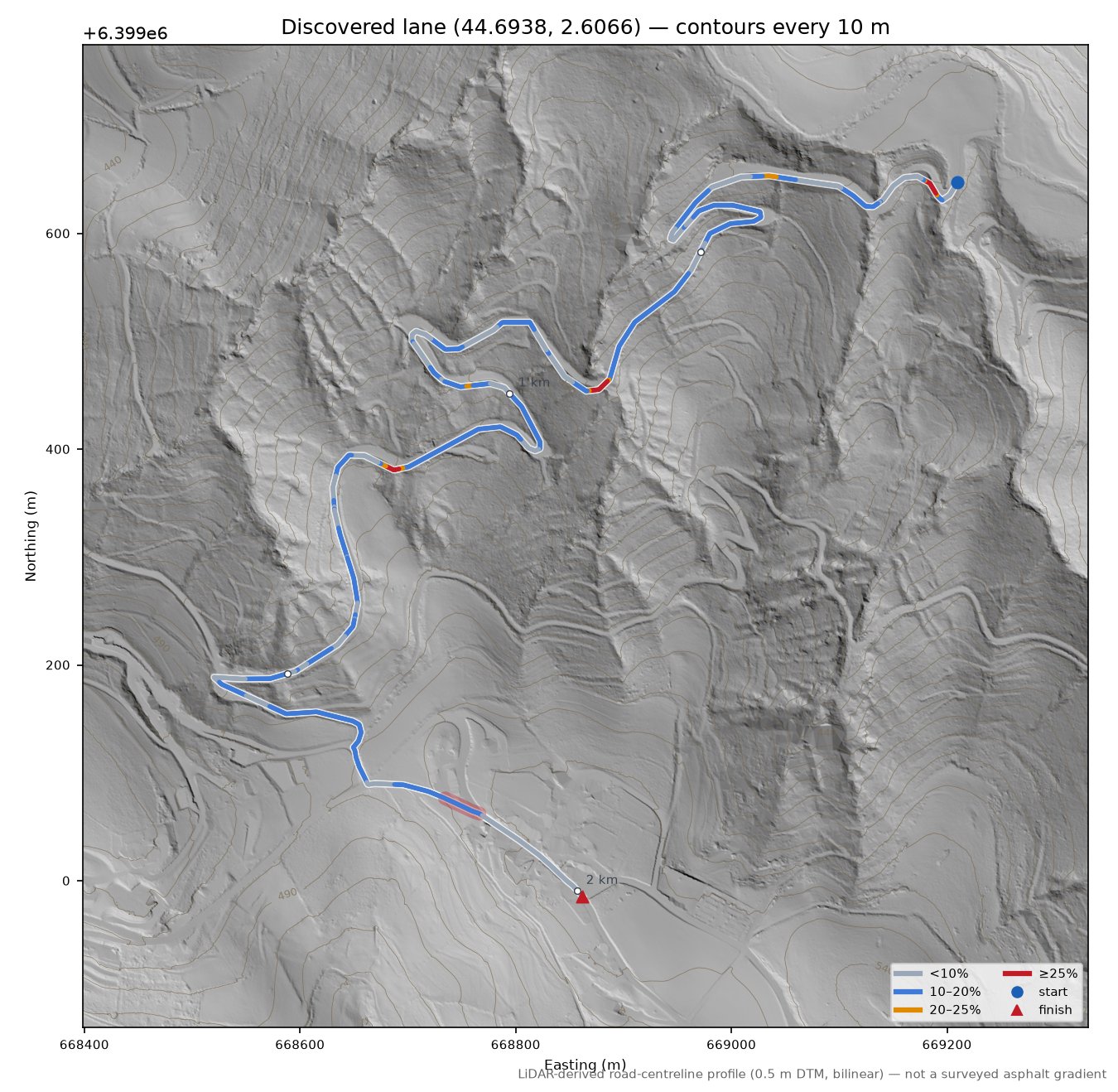 Discovered lane (44.6938, 2.6066) LiDAR hillshade map with contours