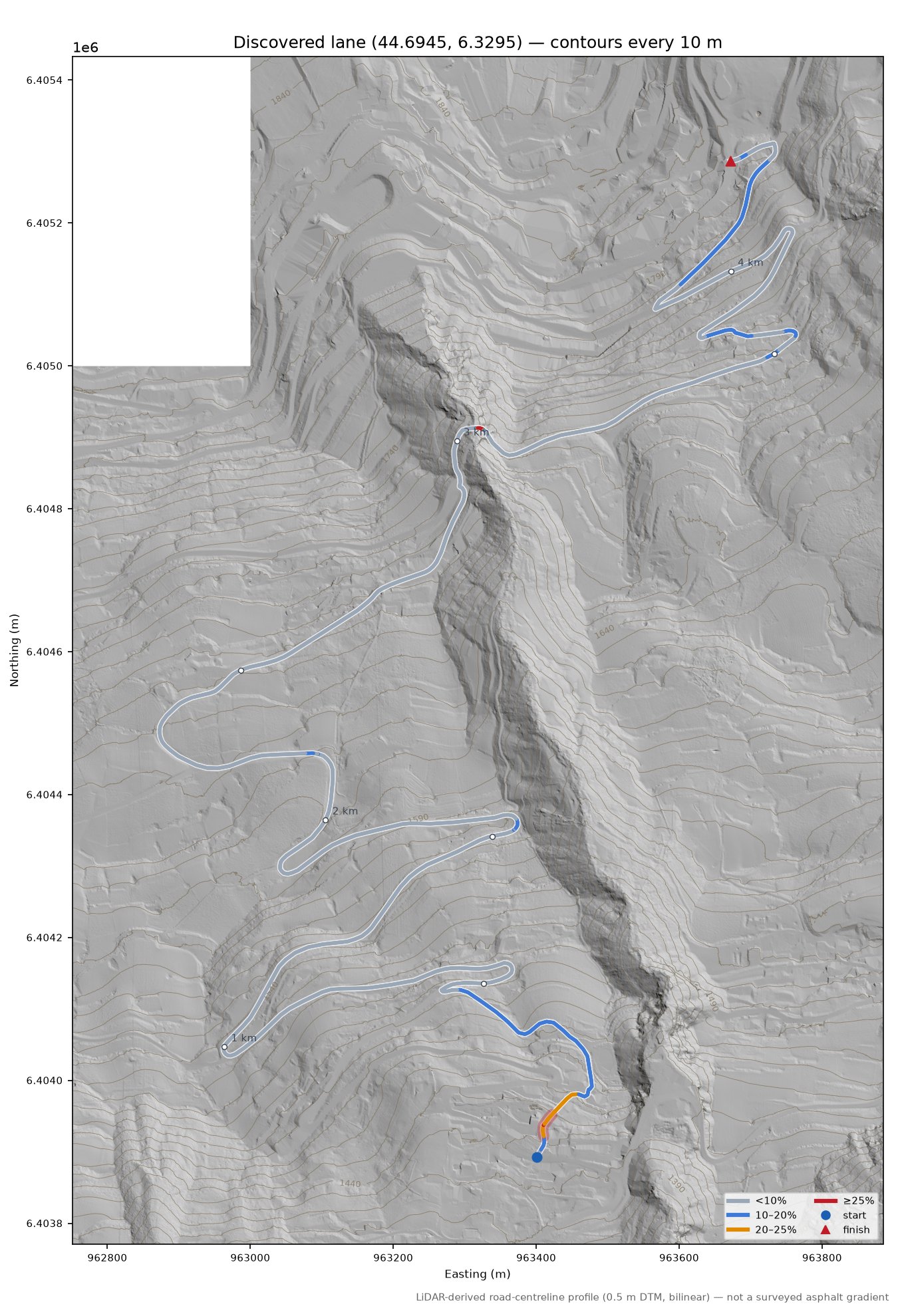 Discovered lane (44.6945, 6.3295) LiDAR hillshade map with contours