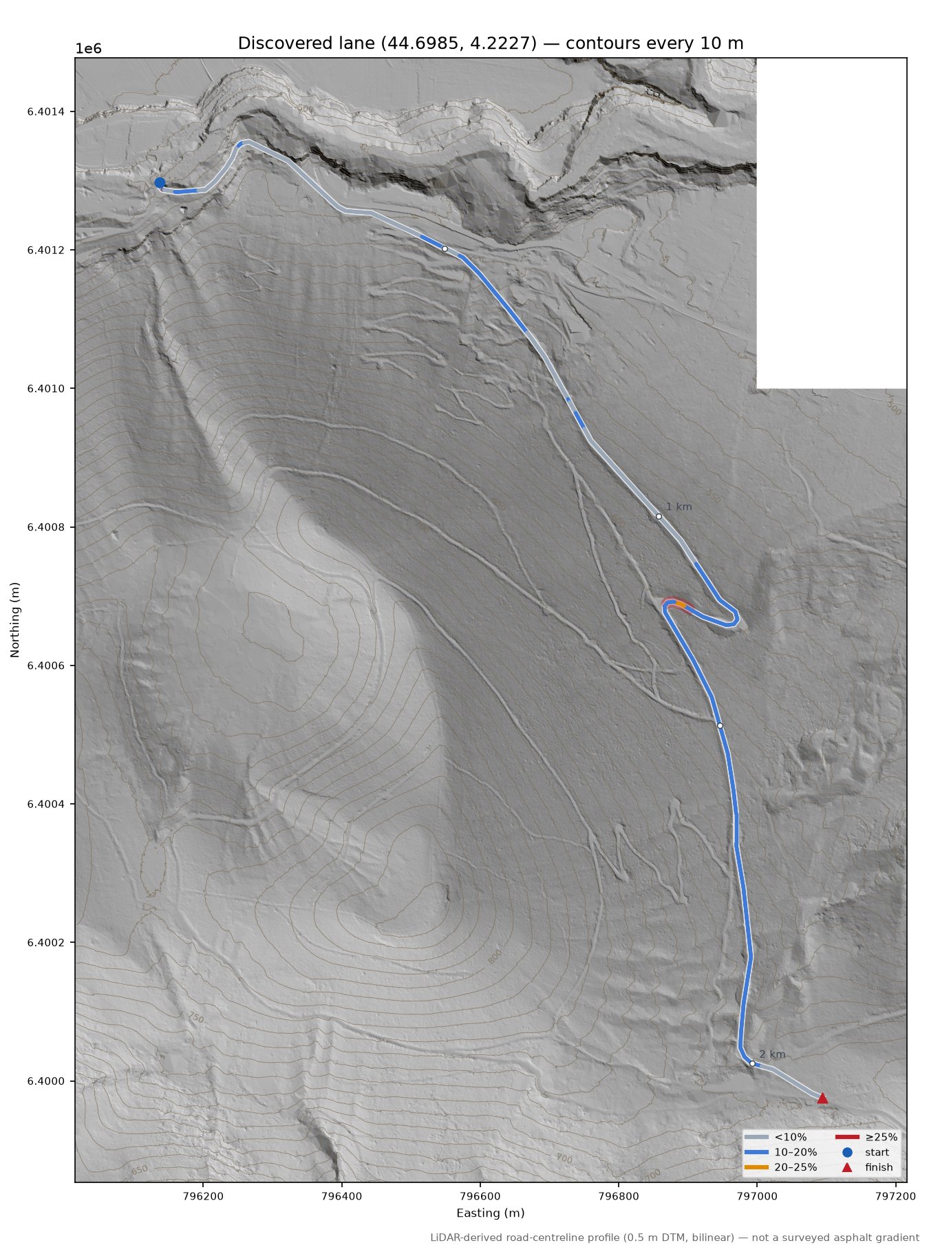 Discovered lane (44.6985, 4.2227) LiDAR hillshade map with contours
