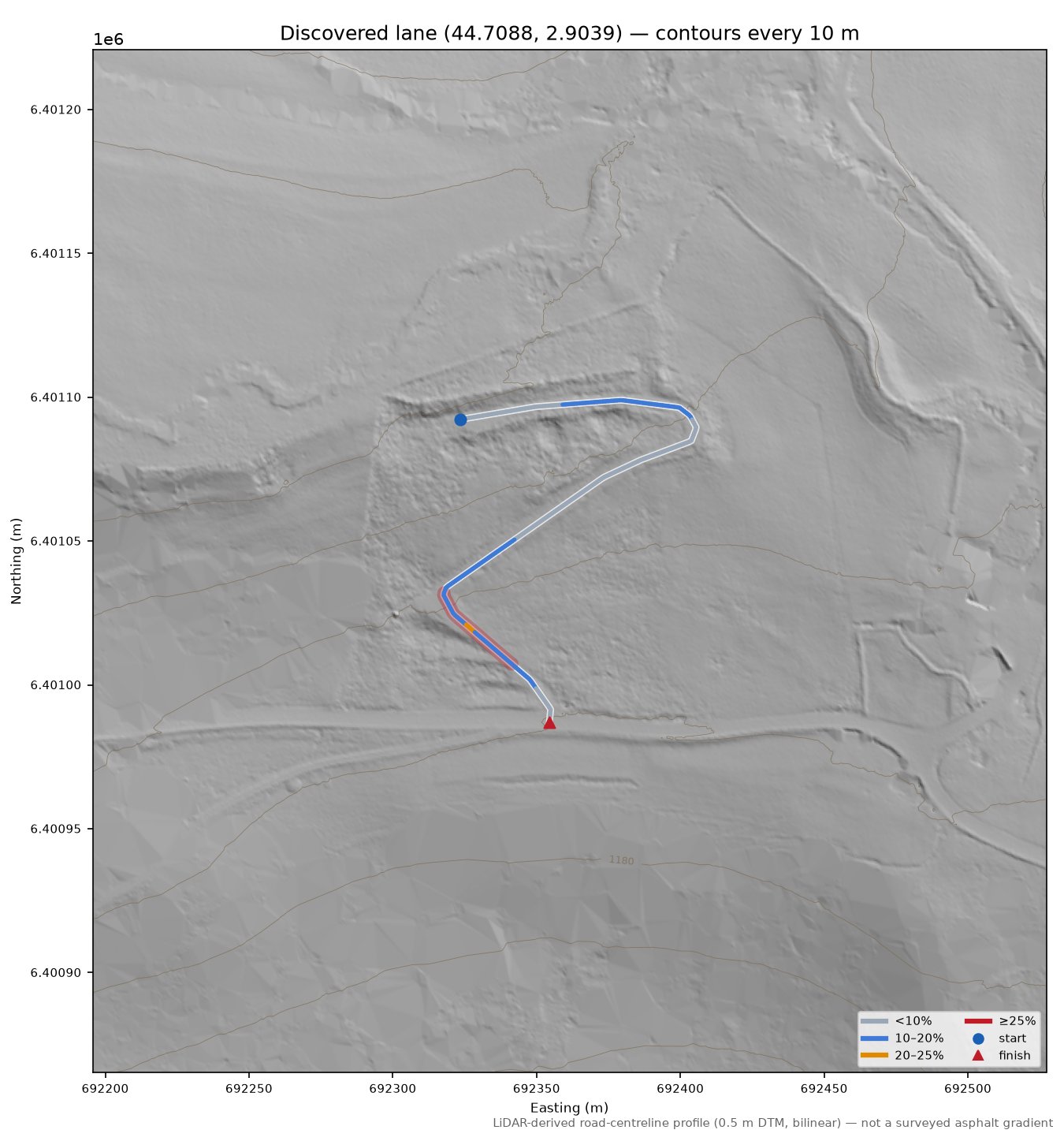Discovered lane (44.7088, 2.9039) LiDAR hillshade map with contours