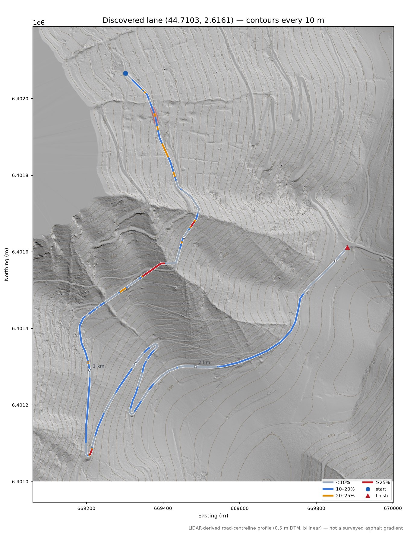 Discovered lane (44.7103, 2.6161) LiDAR hillshade map with contours