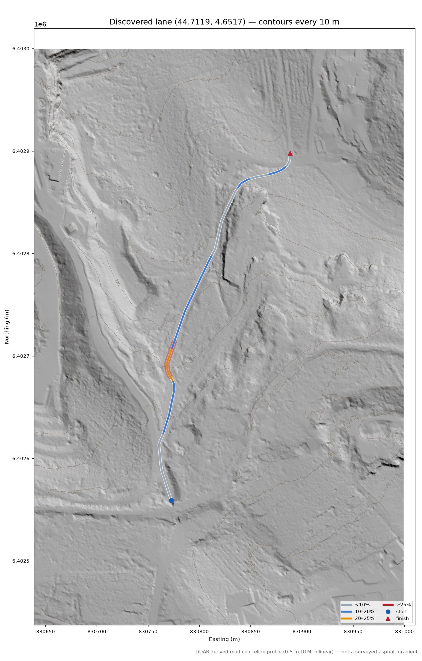 Discovered lane (44.7119, 4.6517) LiDAR hillshade map with contours