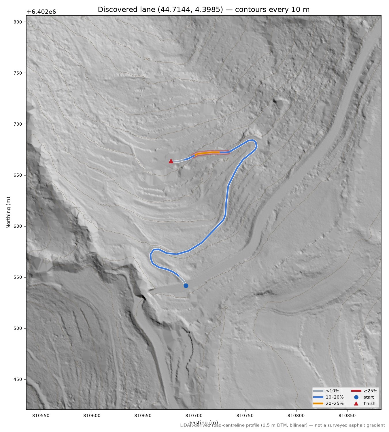 Discovered lane (44.7144, 4.3985) LiDAR hillshade map with contours