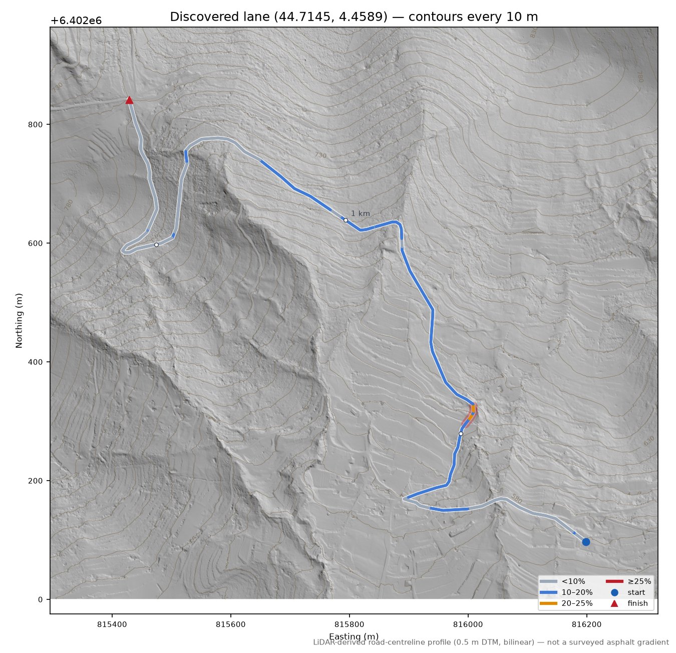 Discovered lane (44.7145, 4.4589) LiDAR hillshade map with contours