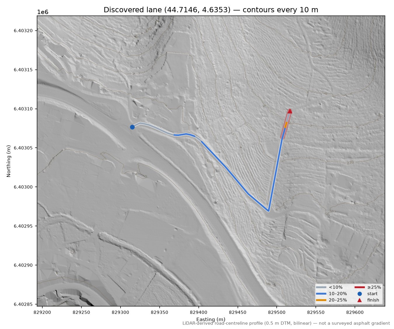 Discovered lane (44.7146, 4.6353) LiDAR hillshade map with contours
