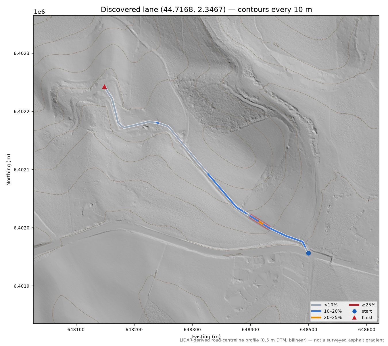 Discovered lane (44.7168, 2.3467) LiDAR hillshade map with contours