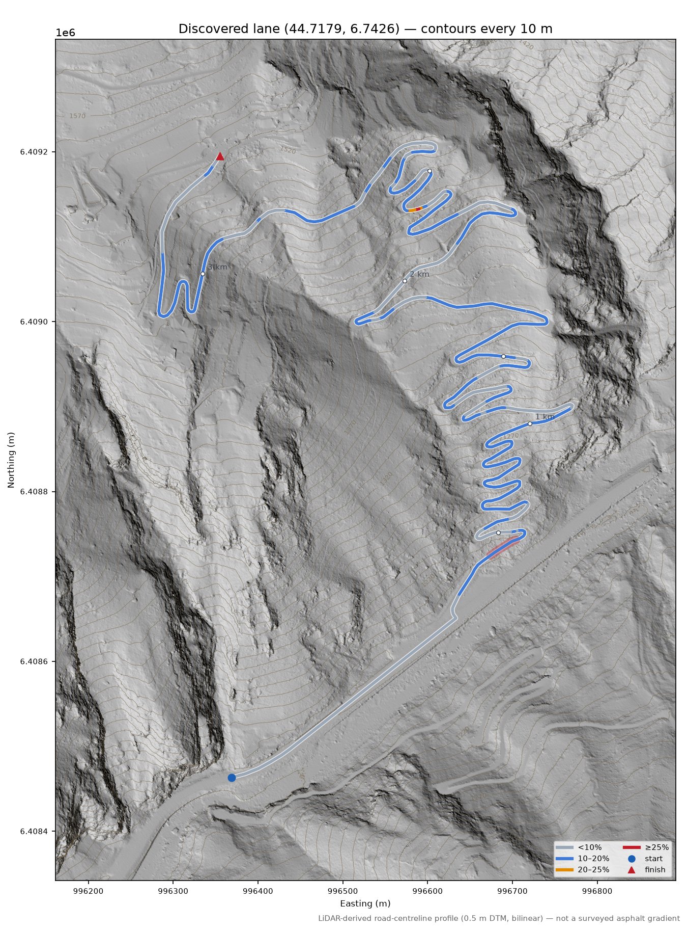 Discovered lane (44.7179, 6.7426) LiDAR hillshade map with contours