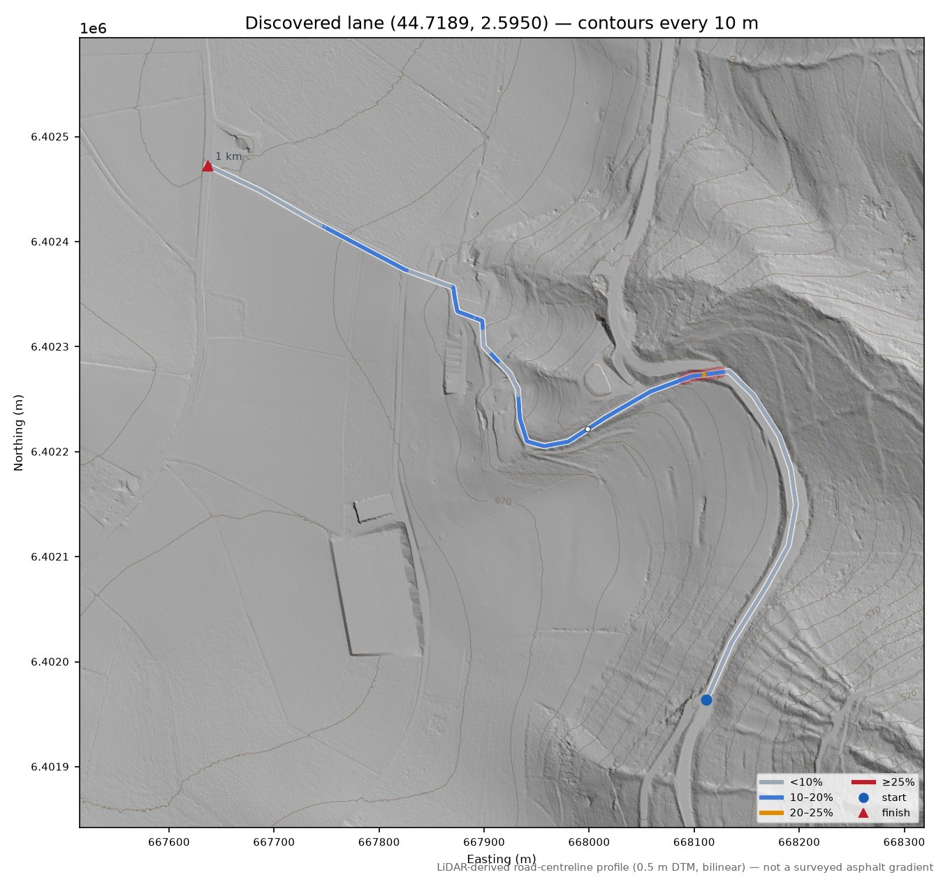 Discovered lane (44.7189, 2.5950) LiDAR hillshade map with contours
