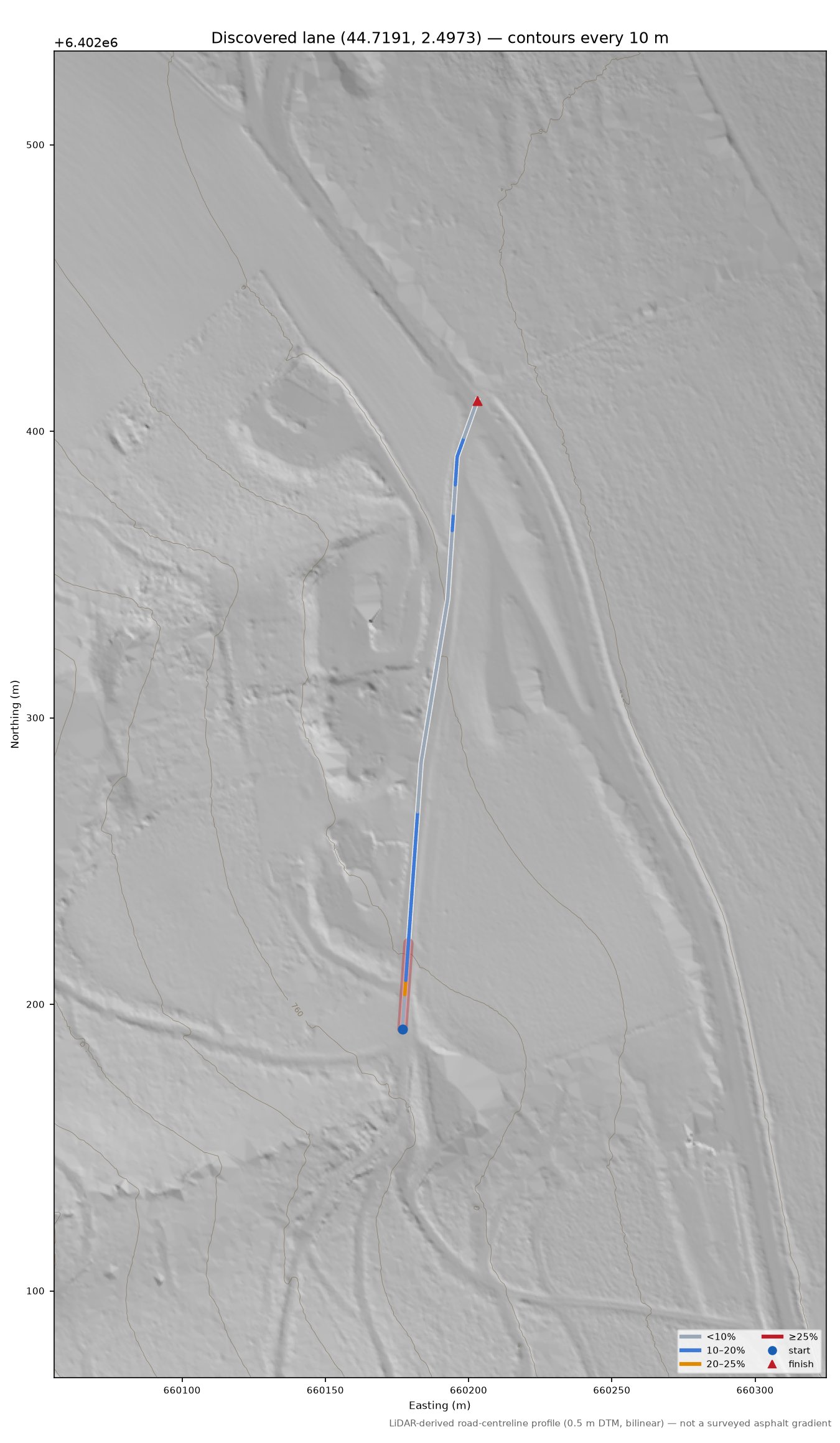 Discovered lane (44.7191, 2.4973) LiDAR hillshade map with contours