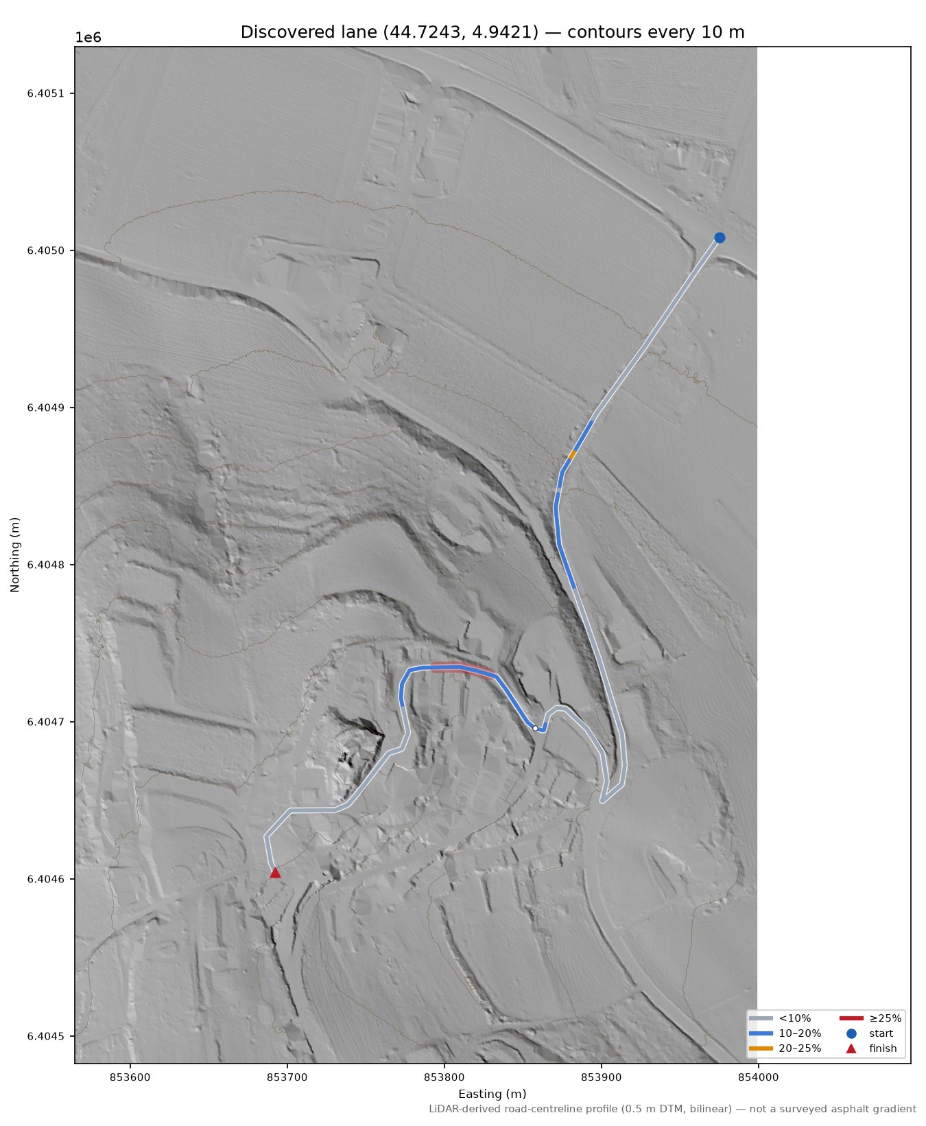 Discovered lane (44.7243, 4.9421) LiDAR hillshade map with contours
