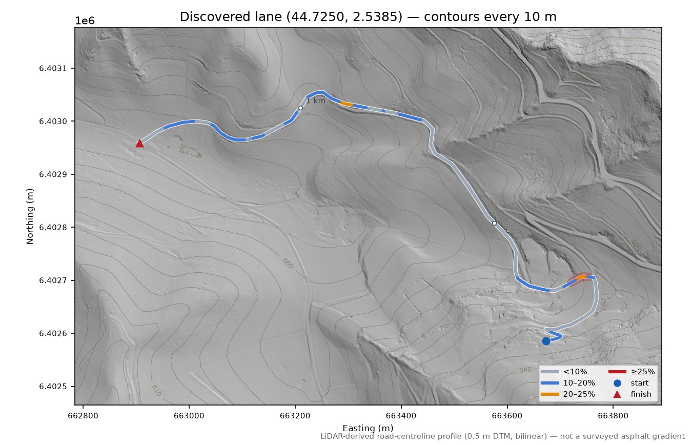 Discovered lane (44.7250, 2.5385) LiDAR hillshade map with contours