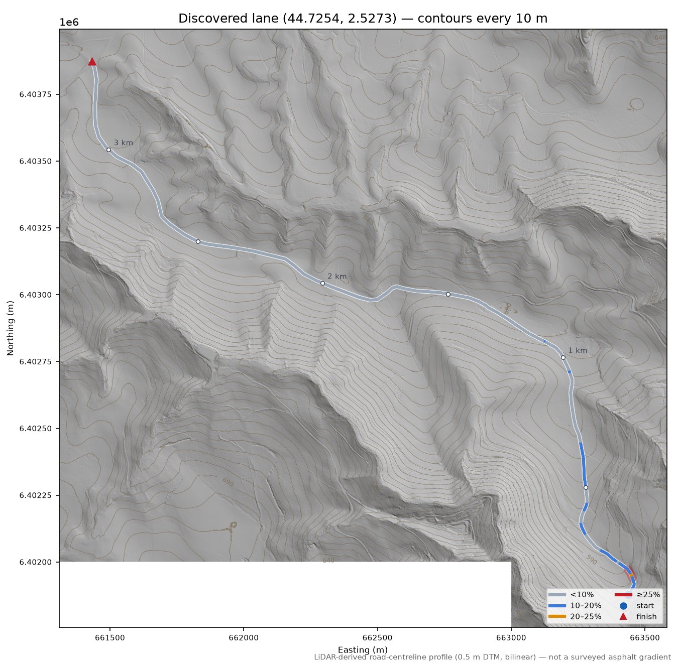 Discovered lane (44.7254, 2.5273) LiDAR hillshade map with contours