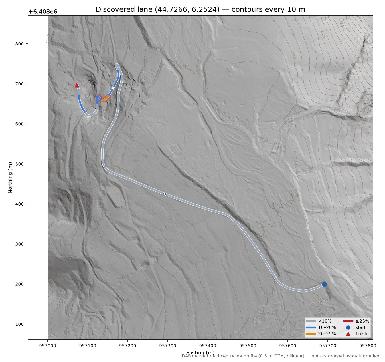 Discovered lane (44.7266, 6.2524) LiDAR hillshade map with contours