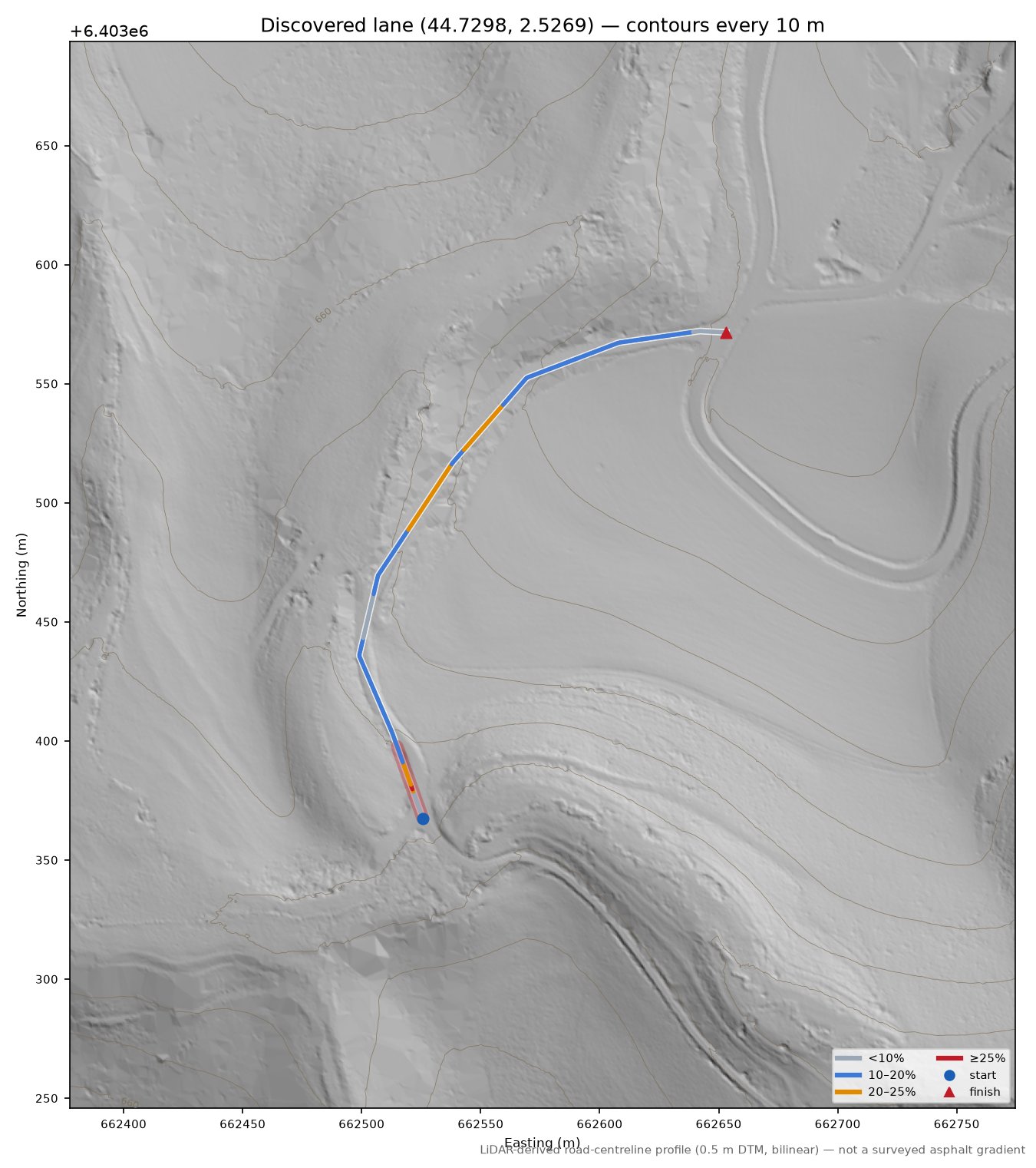 Discovered lane (44.7298, 2.5269) LiDAR hillshade map with contours