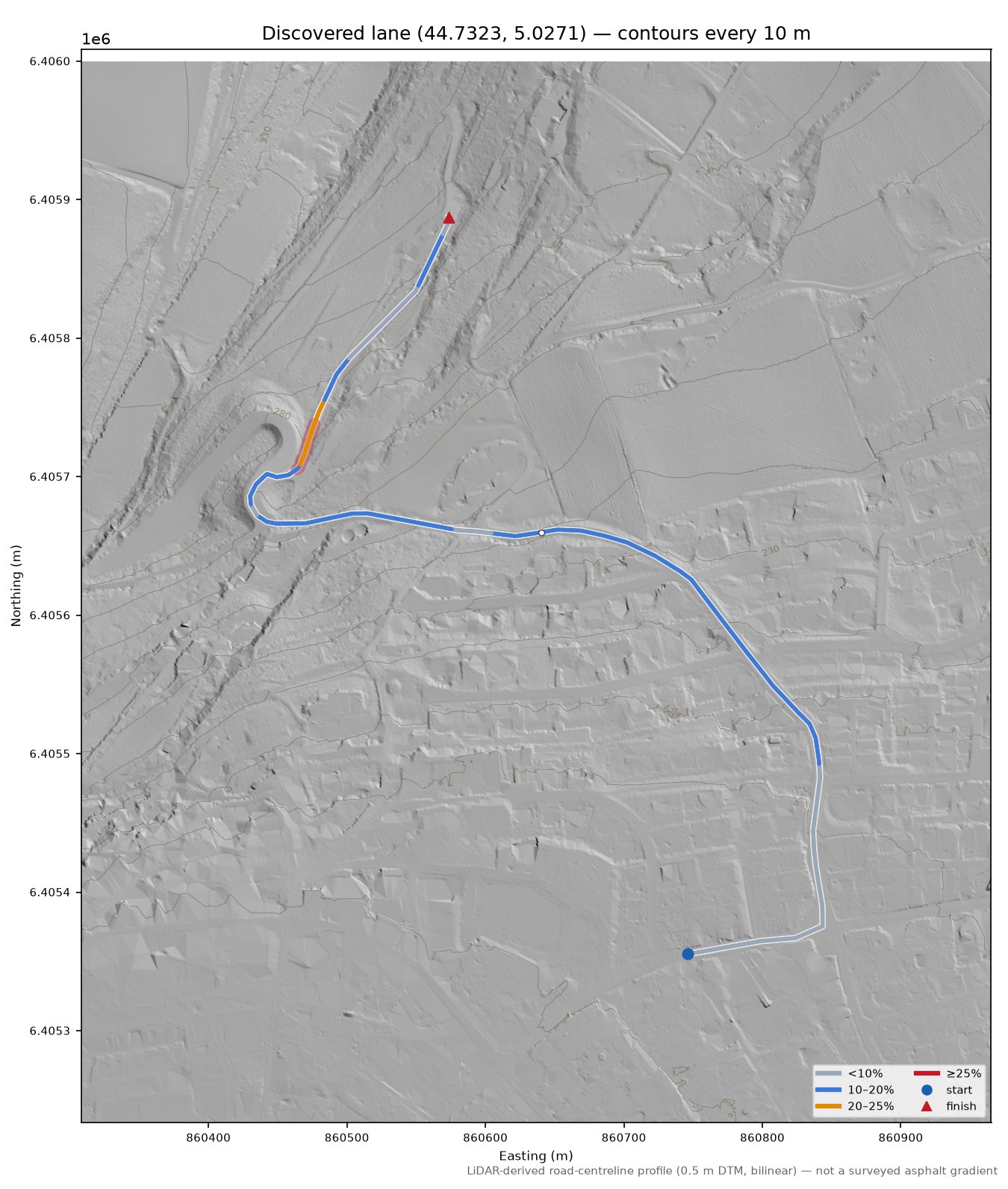 Discovered lane (44.7323, 5.0271) LiDAR hillshade map with contours