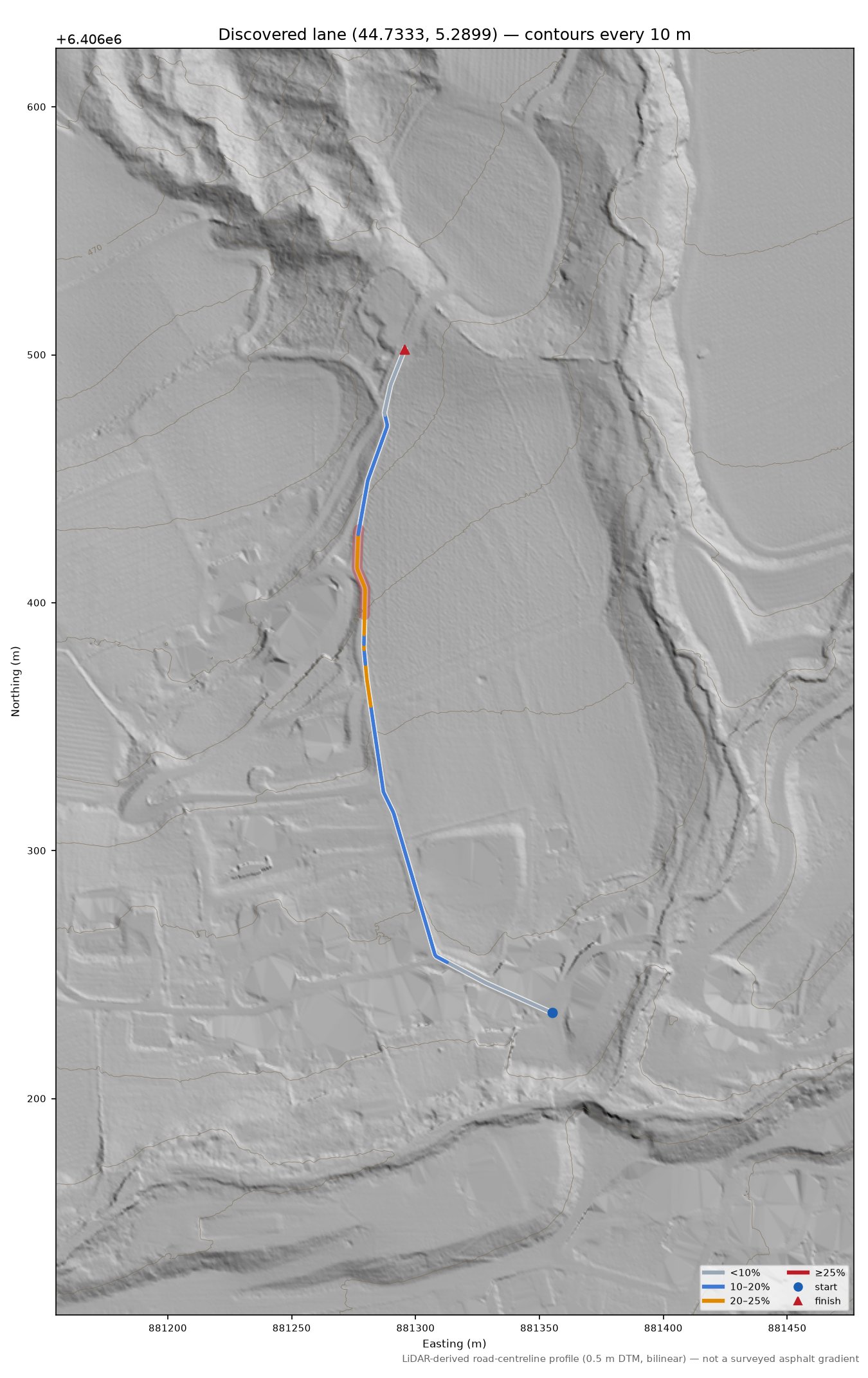 Discovered lane (44.7333, 5.2899) LiDAR hillshade map with contours
