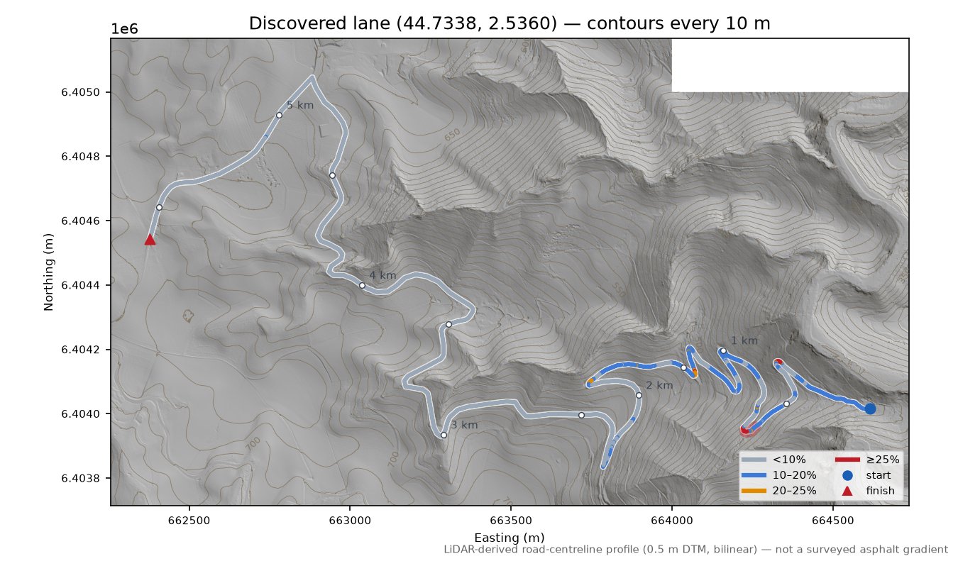 Discovered lane (44.7338, 2.5360) LiDAR hillshade map with contours