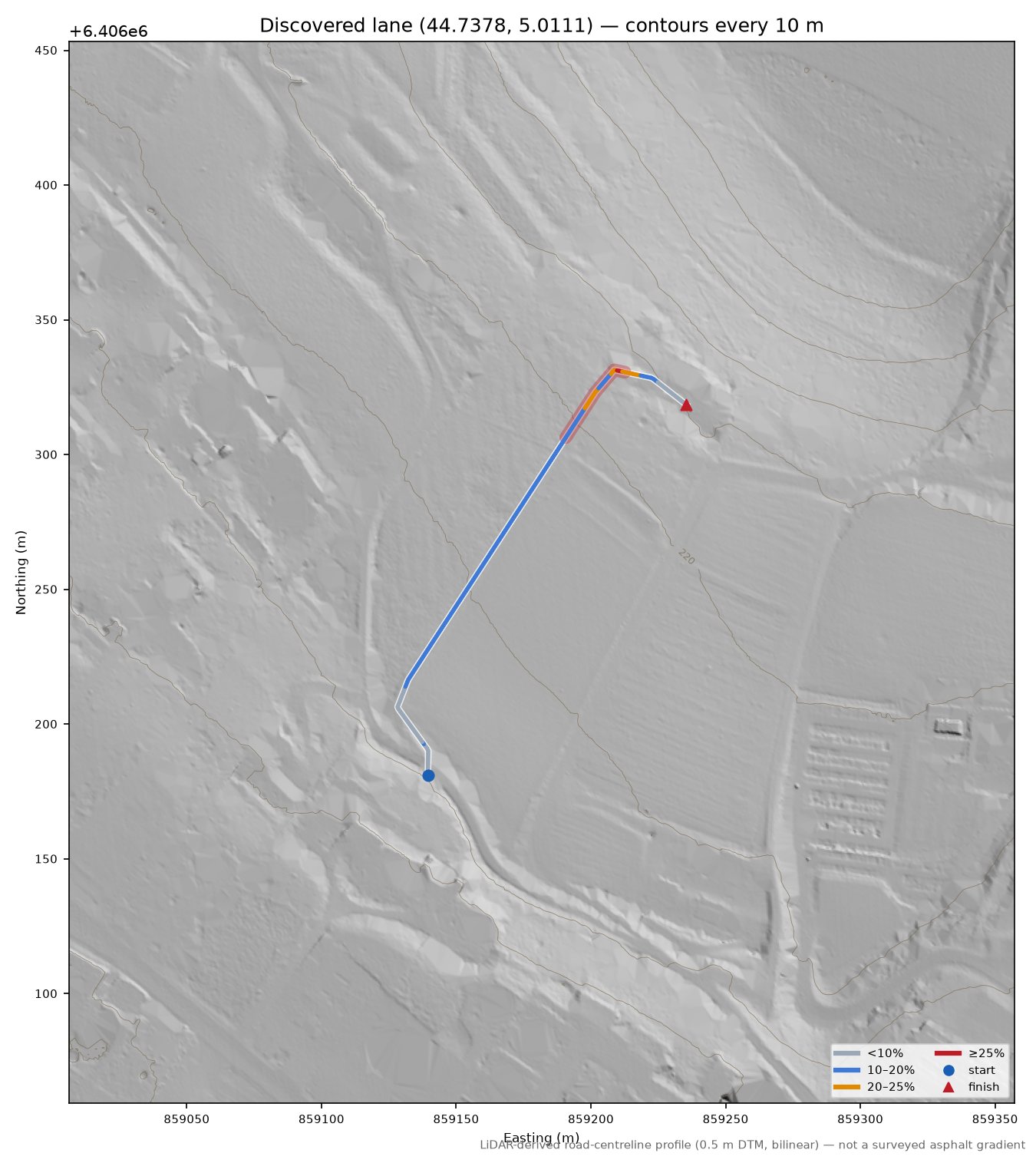 Discovered lane (44.7378, 5.0111) LiDAR hillshade map with contours