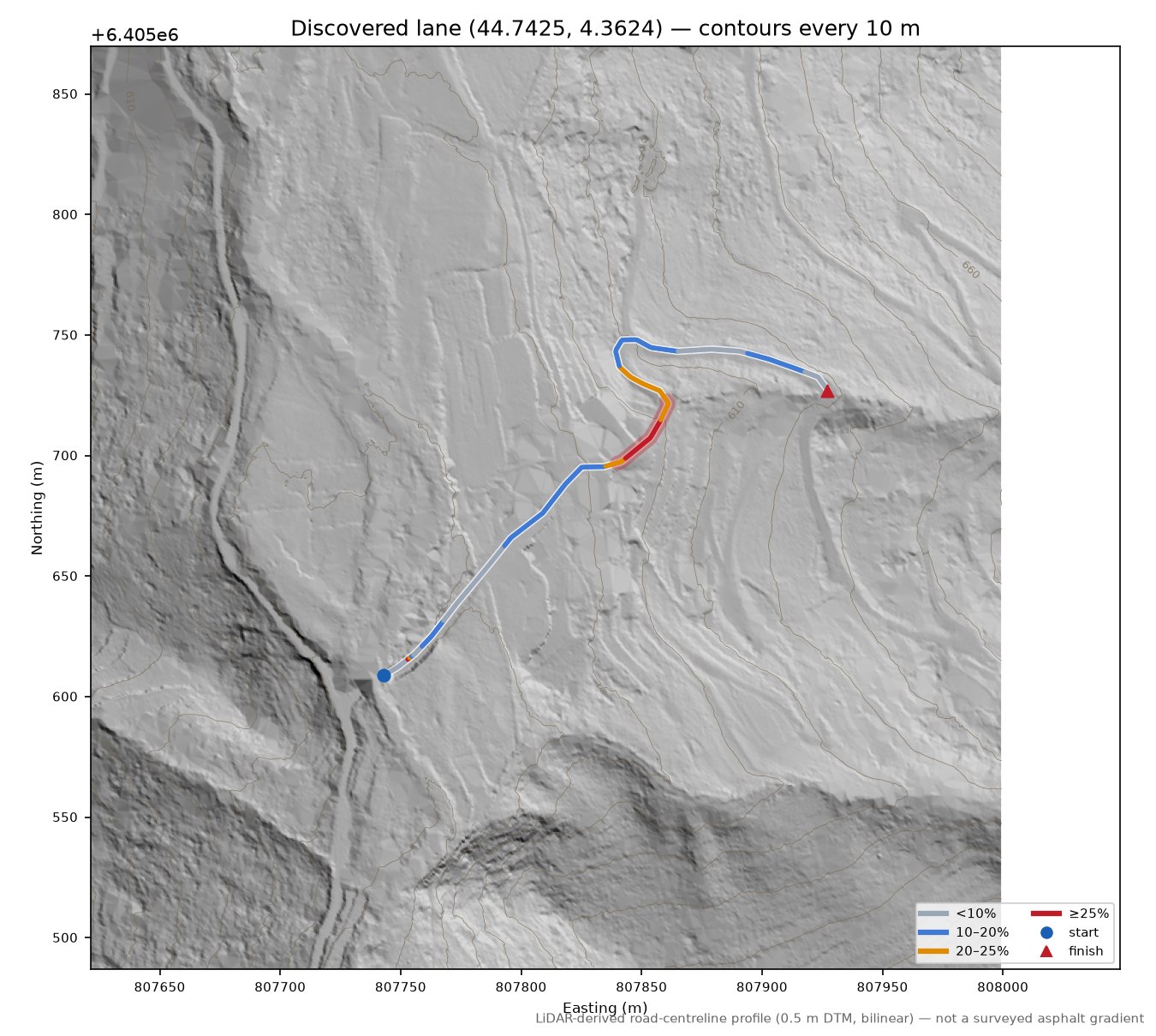 Discovered lane (44.7425, 4.3624) LiDAR hillshade map with contours