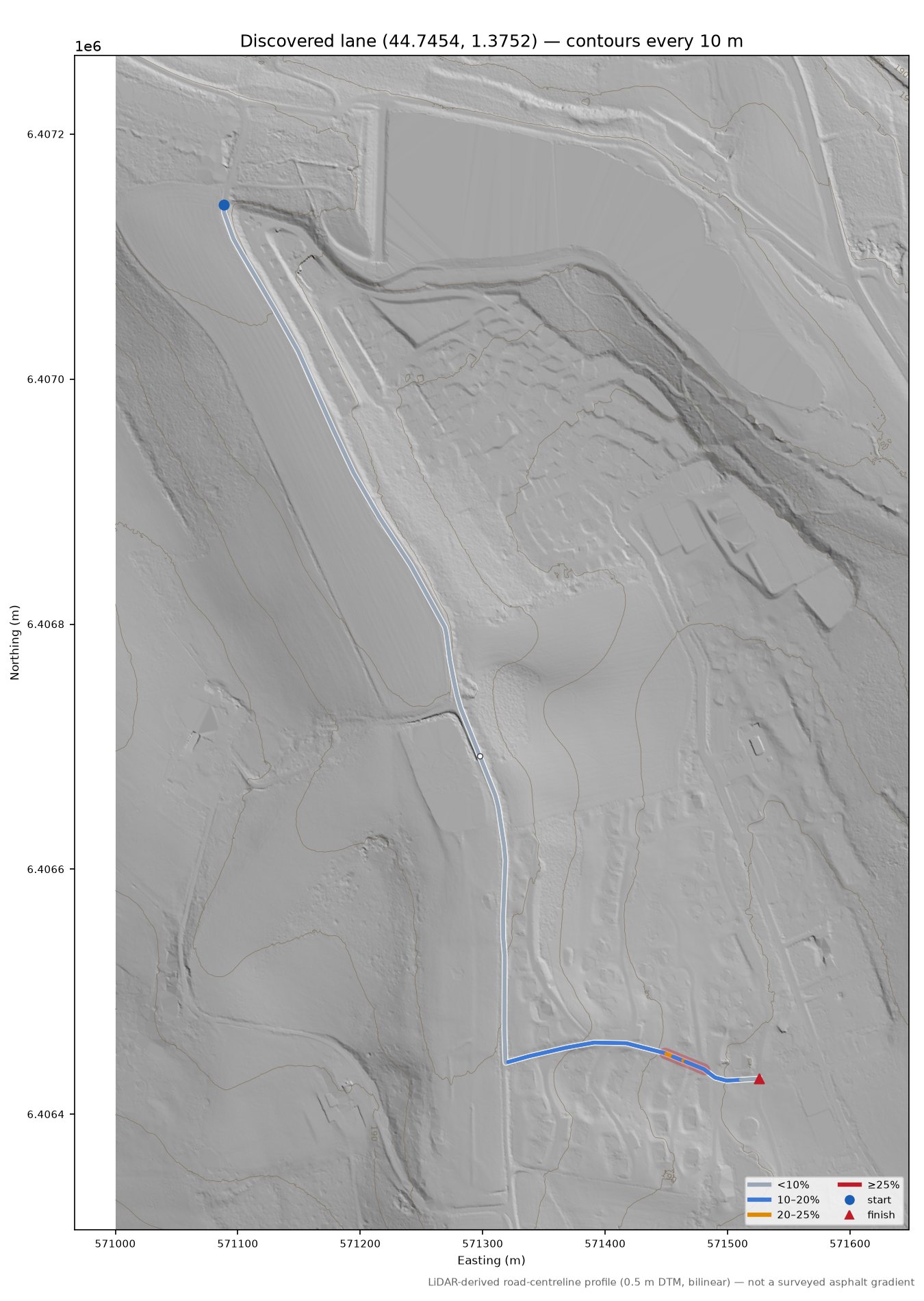 Discovered lane (44.7454, 1.3752) LiDAR hillshade map with contours
