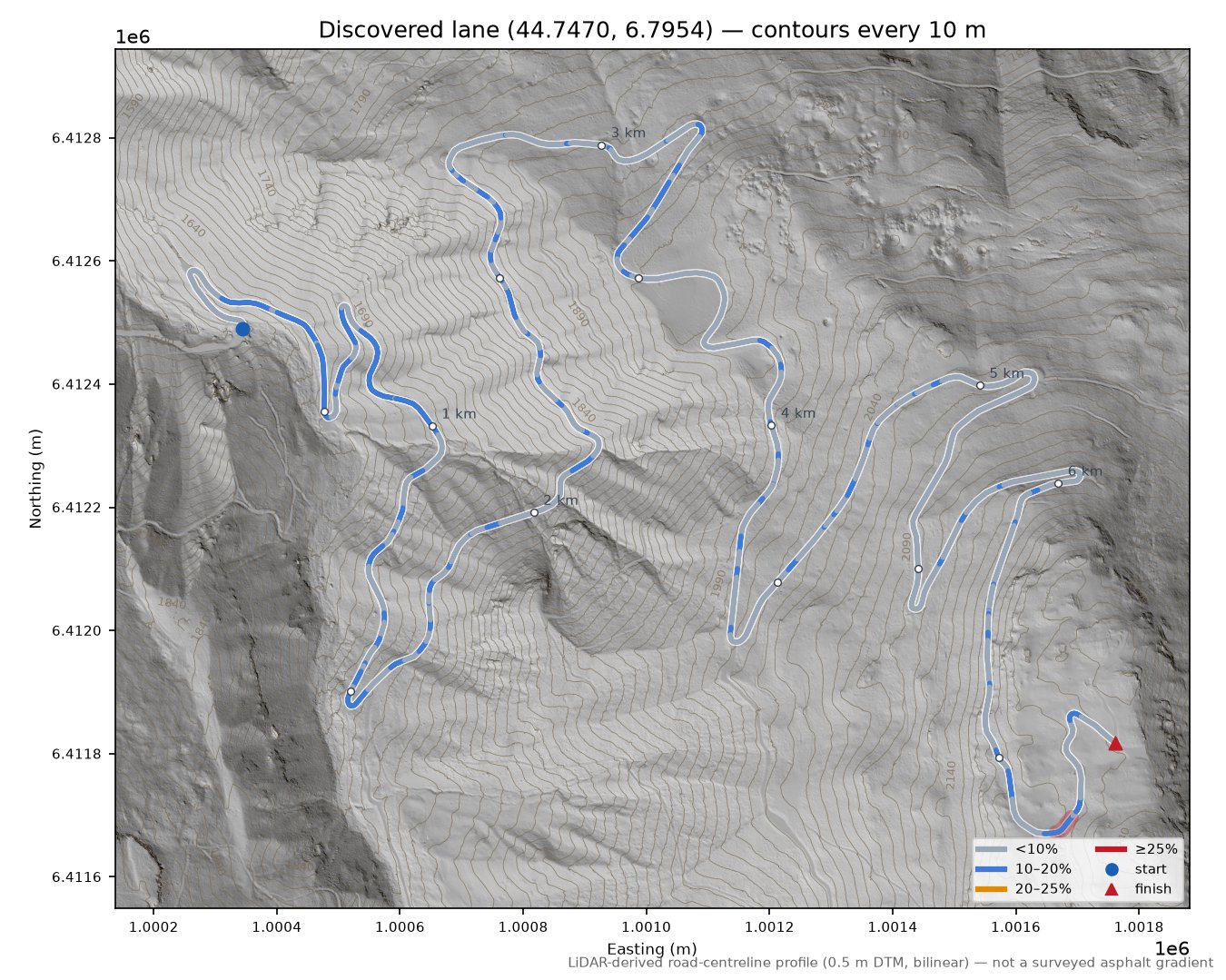 Discovered lane (44.7470, 6.7954) LiDAR hillshade map with contours