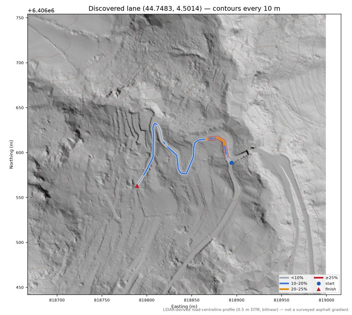 Discovered lane (44.7483, 4.5014) LiDAR hillshade map with contours