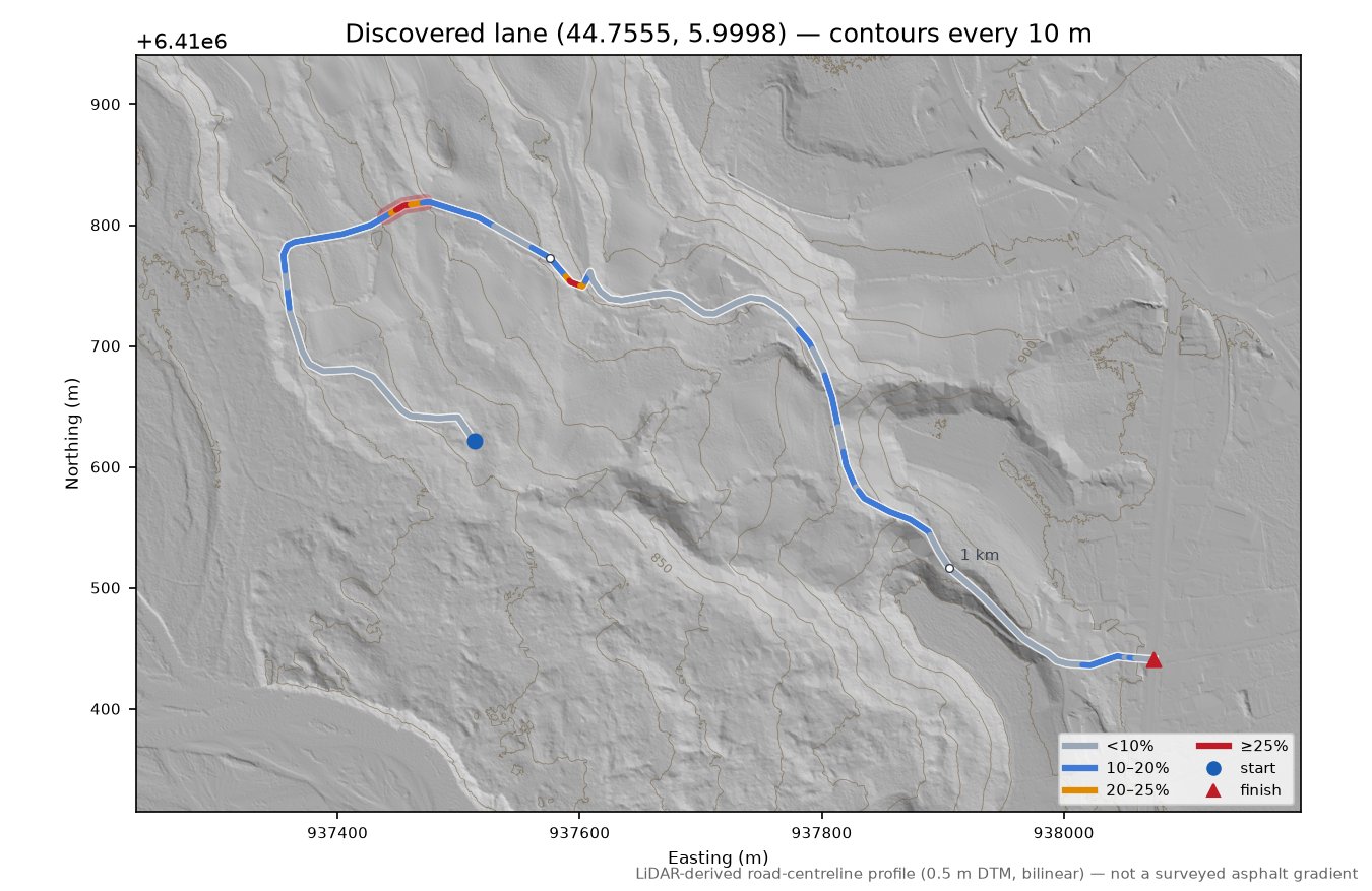 Discovered lane (44.7555, 5.9998) LiDAR hillshade map with contours