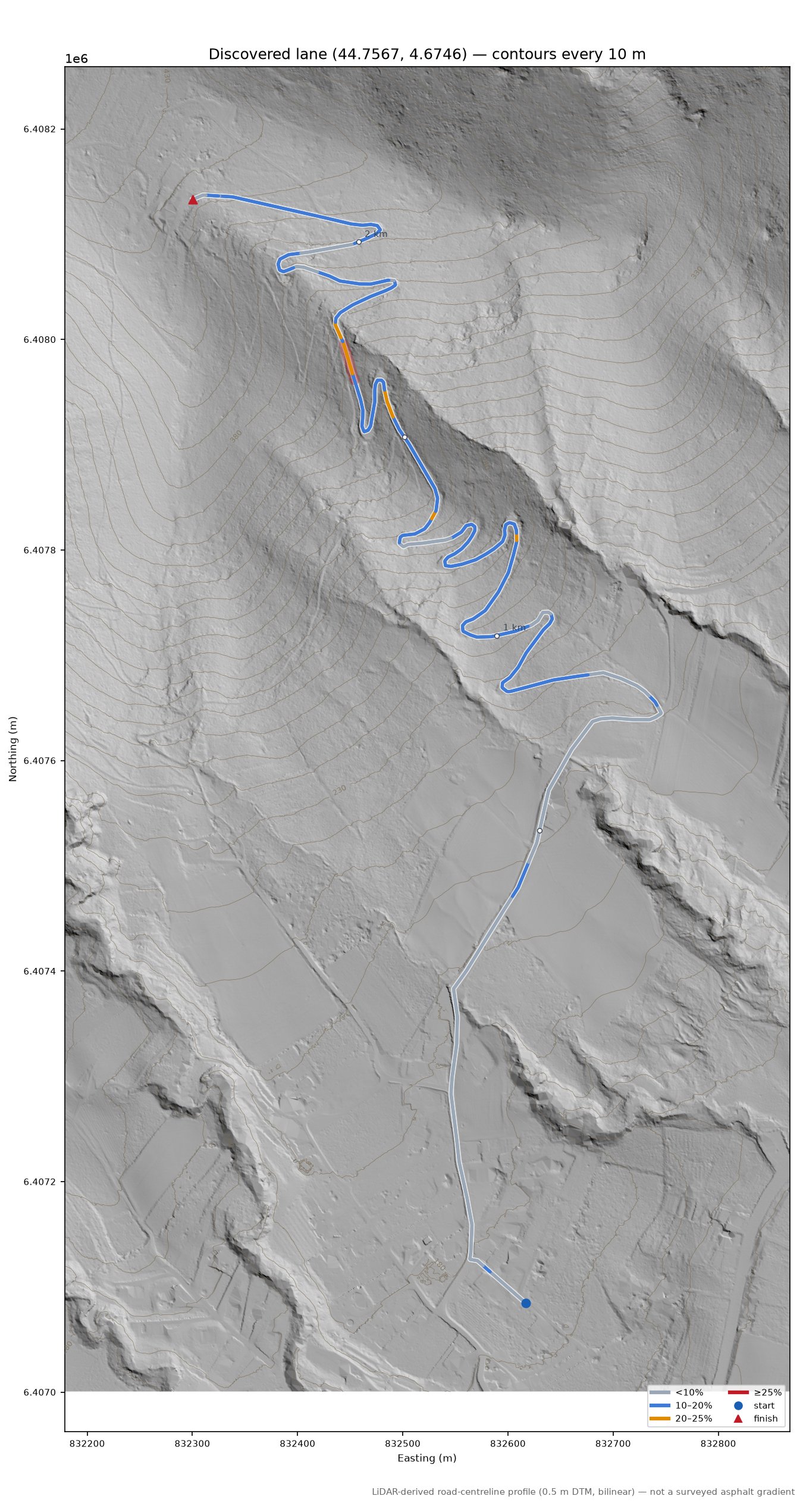 Discovered lane (44.7567, 4.6746) LiDAR hillshade map with contours