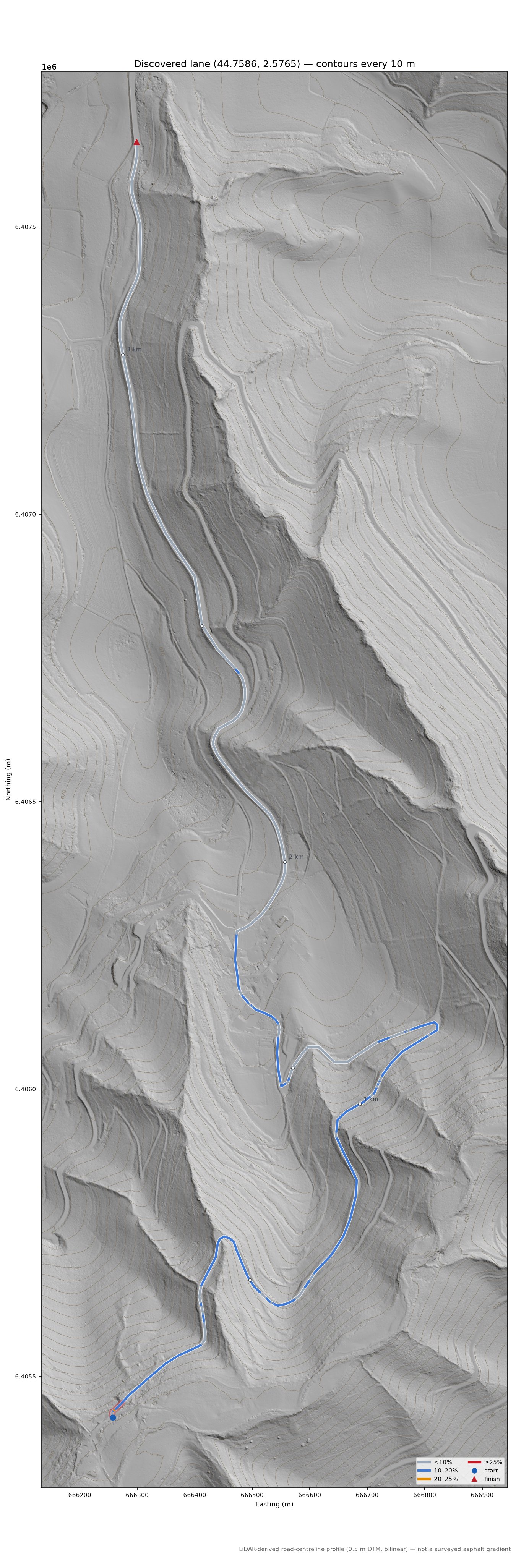 Discovered lane (44.7586, 2.5765) LiDAR hillshade map with contours