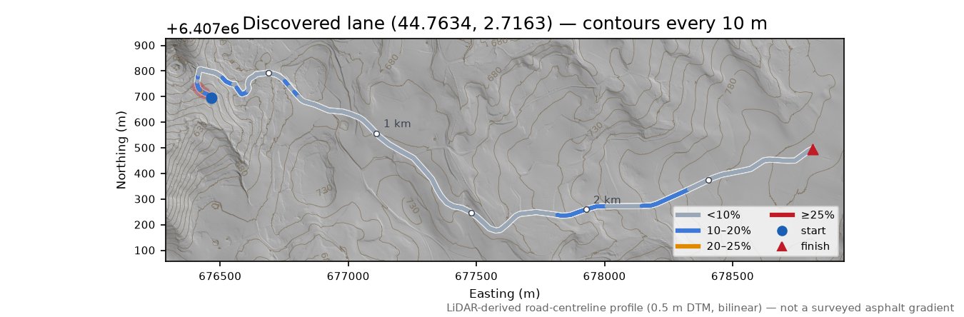 Discovered lane (44.7634, 2.7163) LiDAR hillshade map with contours