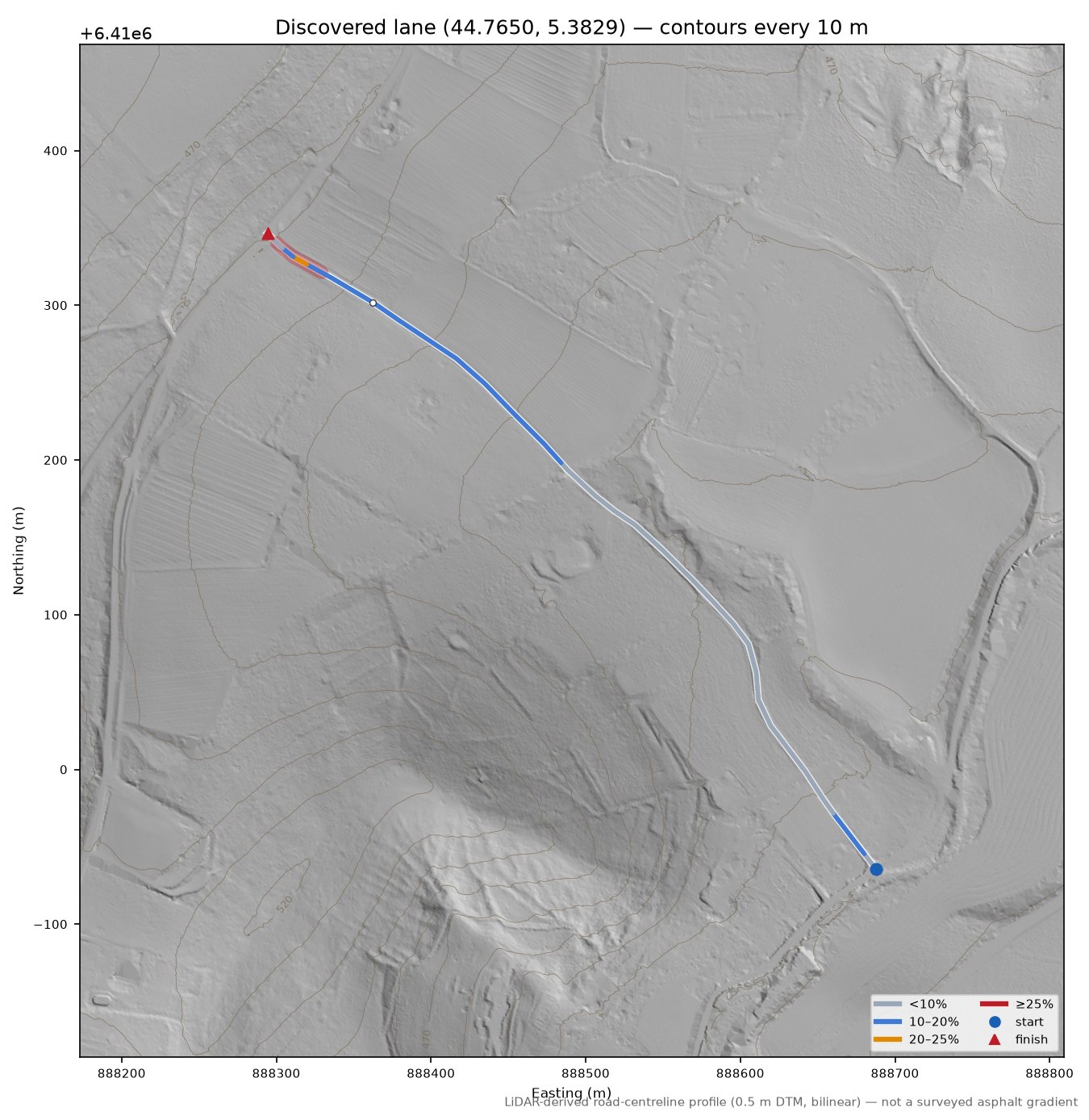 Discovered lane (44.7650, 5.3829) LiDAR hillshade map with contours