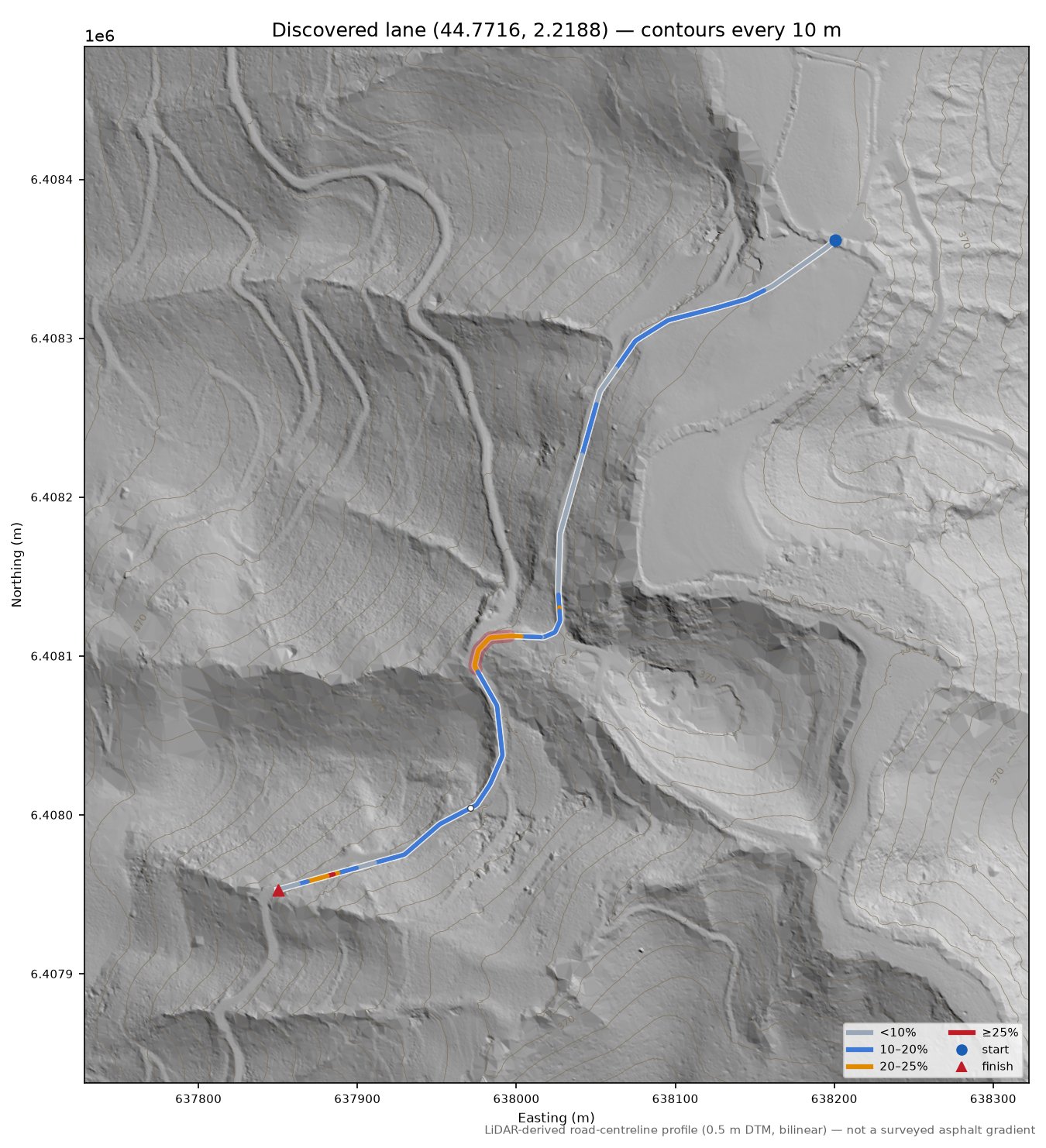 Discovered lane (44.7716, 2.2188) LiDAR hillshade map with contours