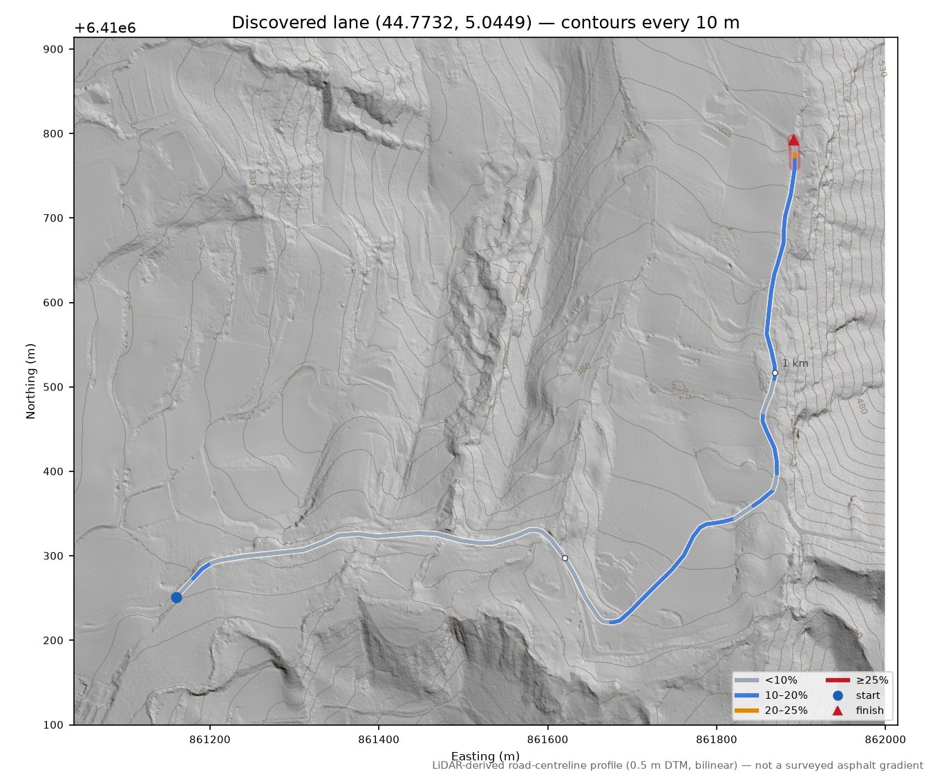 Discovered lane (44.7732, 5.0449) LiDAR hillshade map with contours