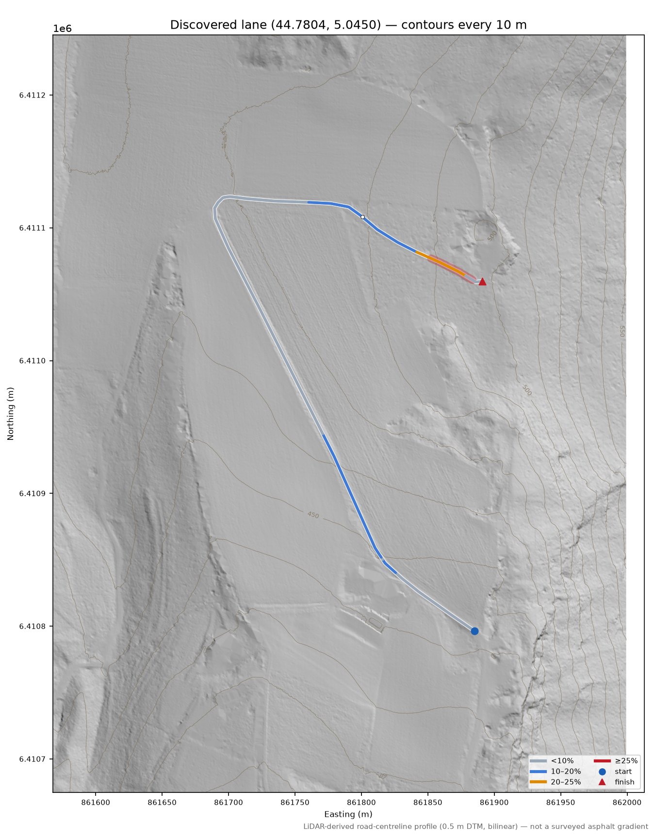 Discovered lane (44.7804, 5.0450) LiDAR hillshade map with contours
