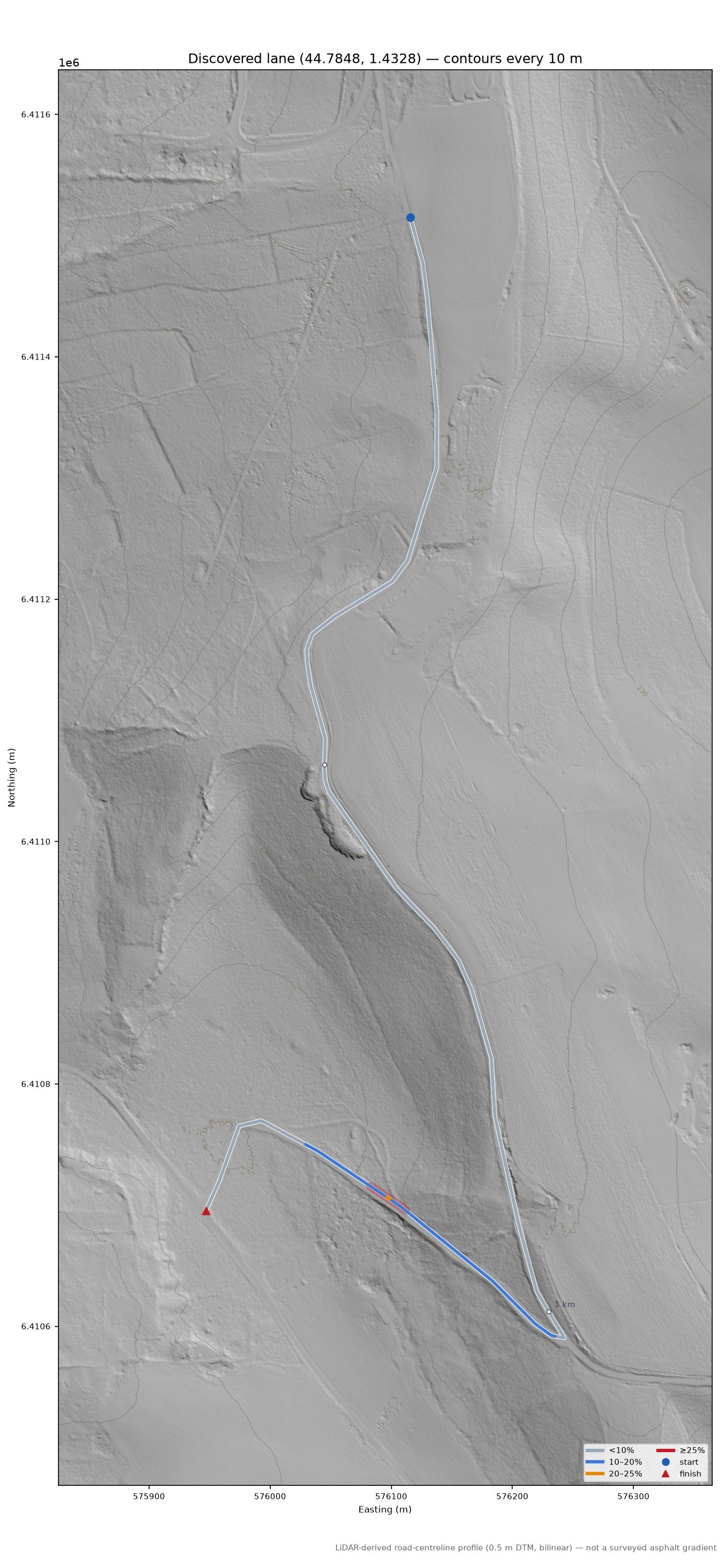 Discovered lane (44.7848, 1.4328) LiDAR hillshade map with contours