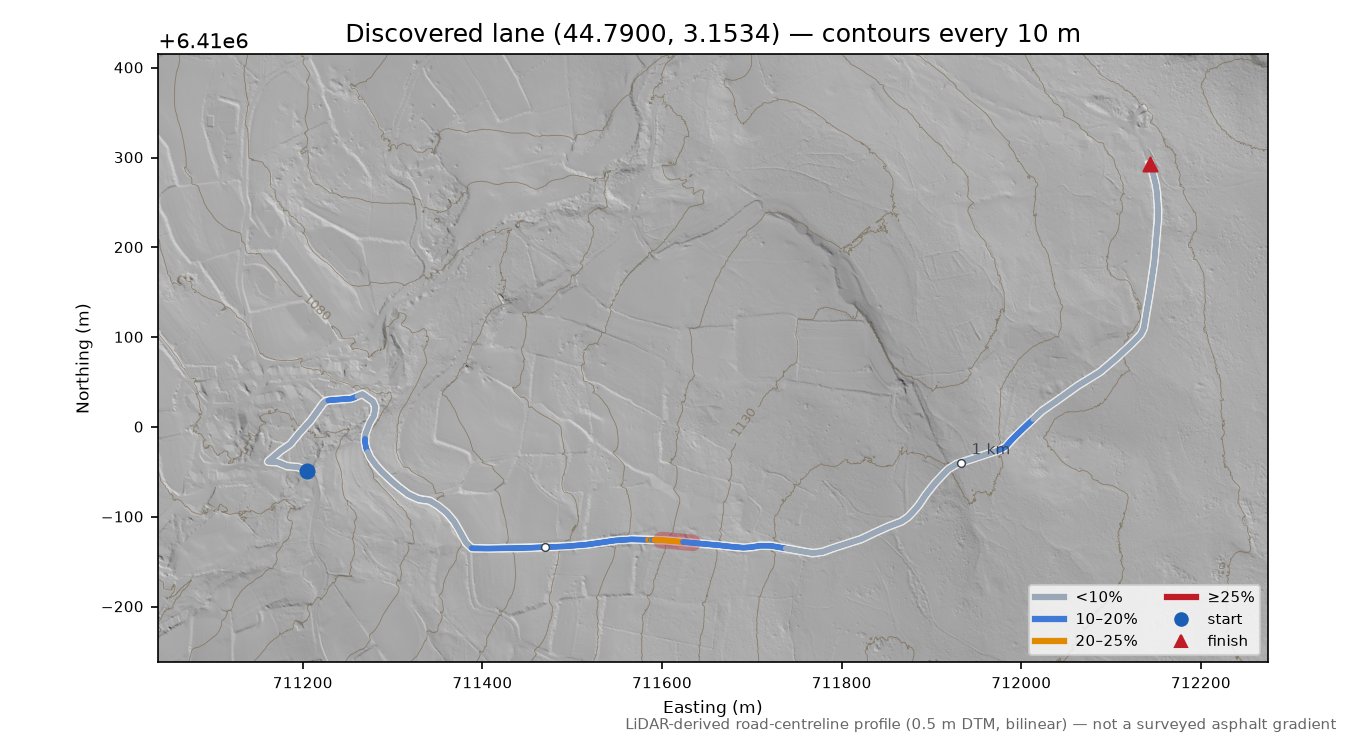 Discovered lane (44.7900, 3.1534) LiDAR hillshade map with contours