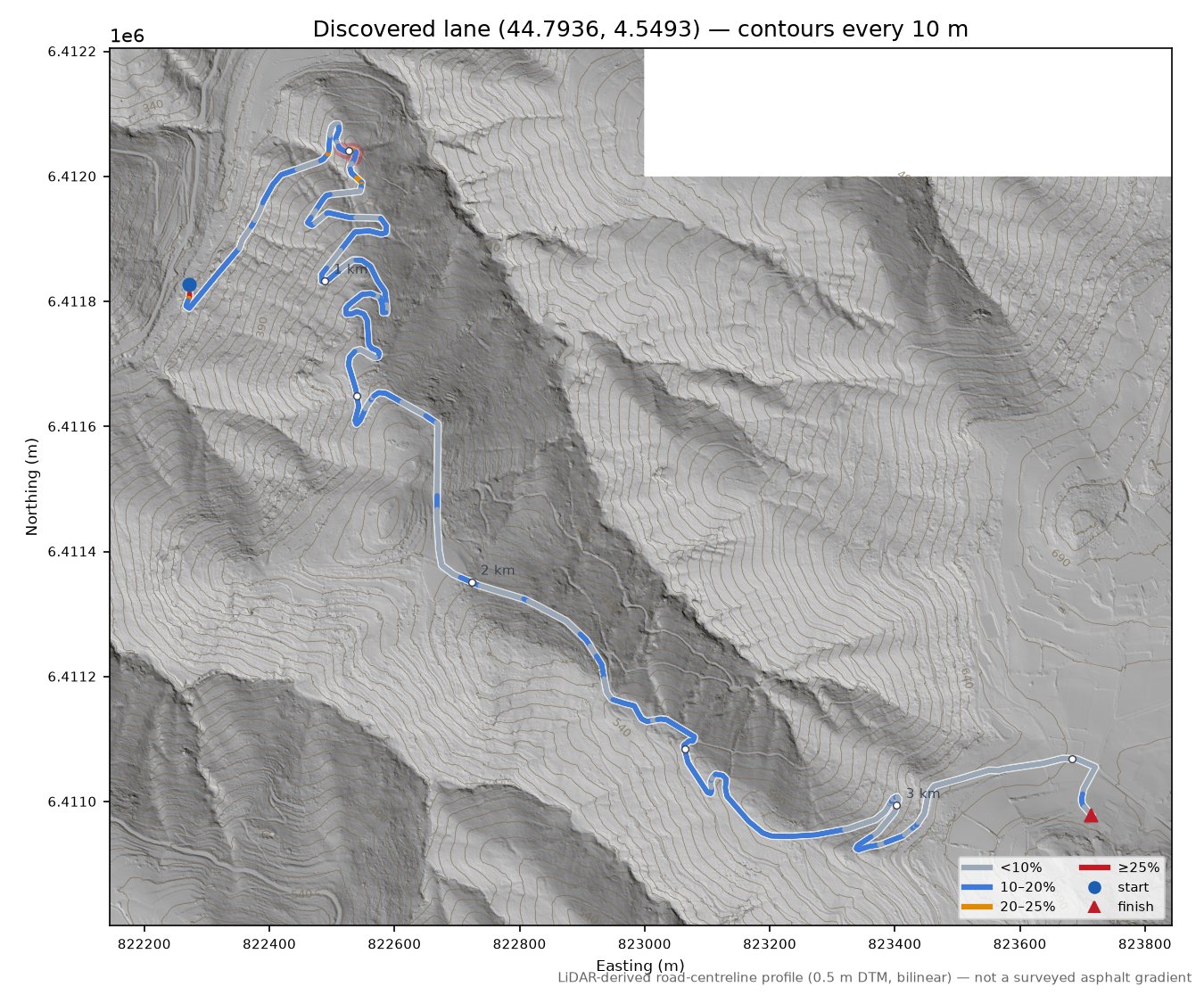Discovered lane (44.7936, 4.5493) LiDAR hillshade map with contours