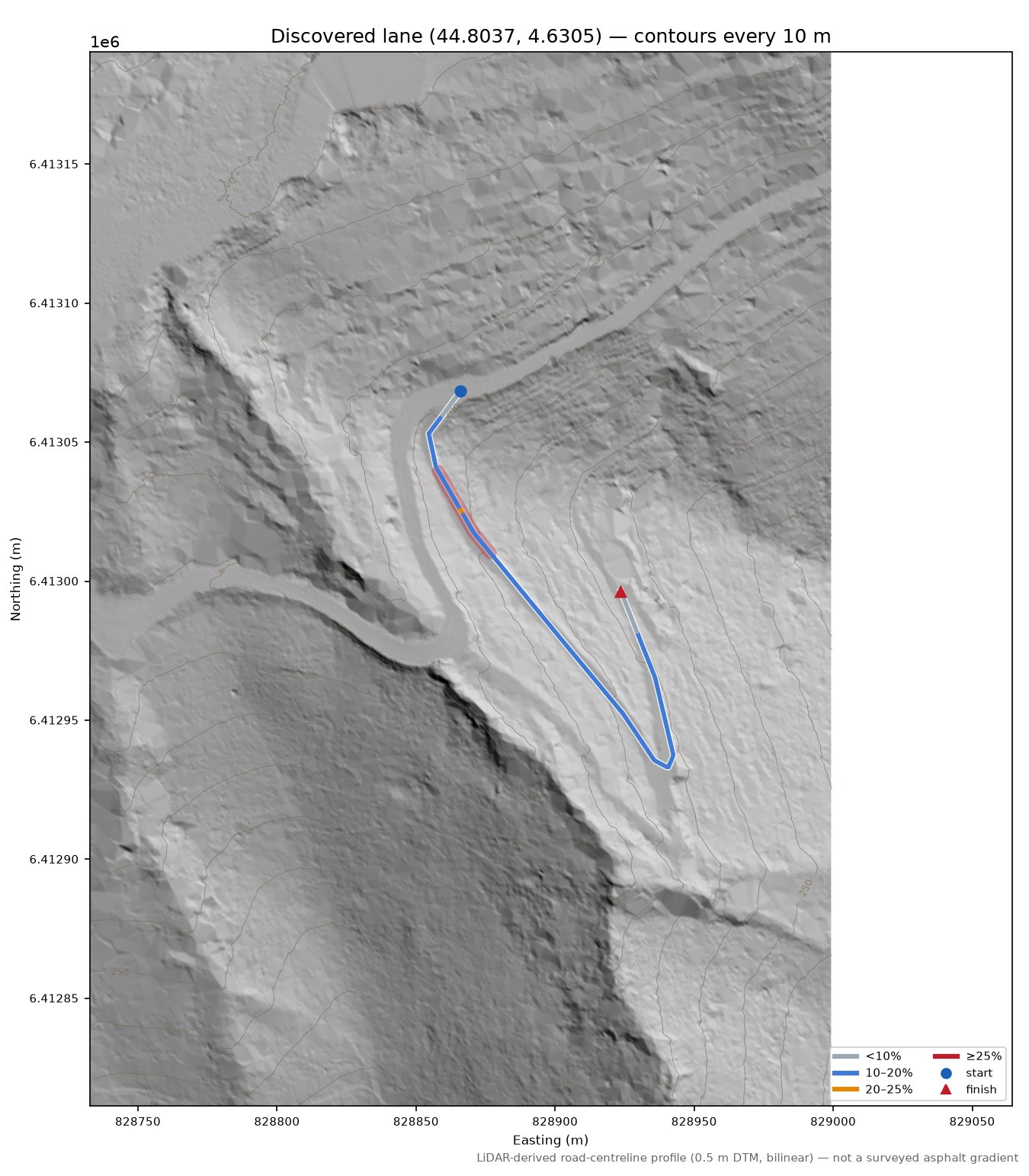 Discovered lane (44.8037, 4.6305) LiDAR hillshade map with contours