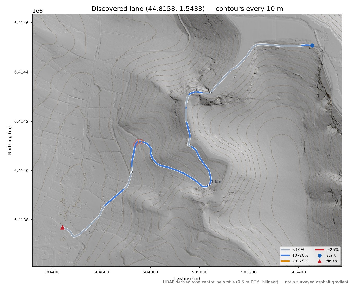 Discovered lane (44.8158, 1.5433) LiDAR hillshade map with contours