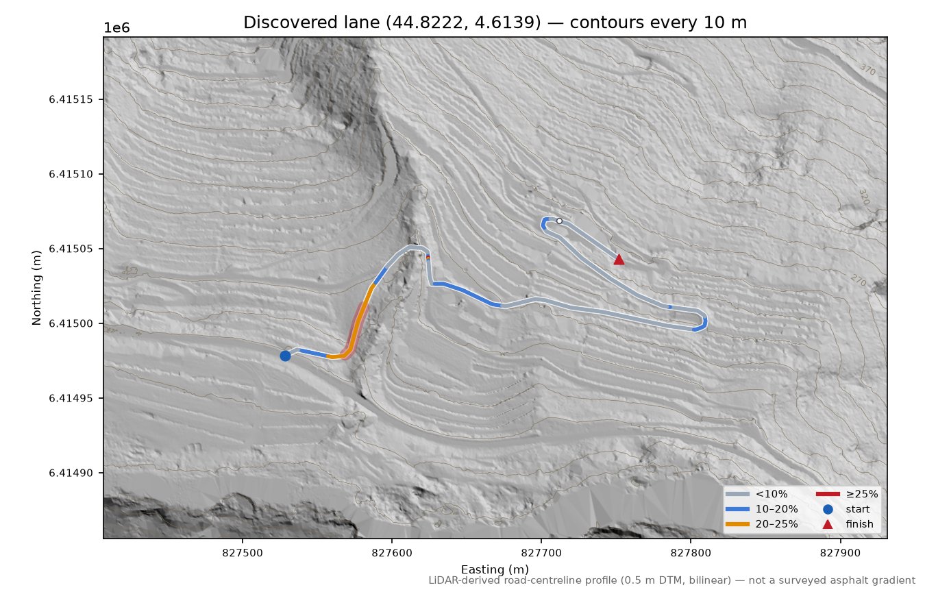 Discovered lane (44.8222, 4.6139) LiDAR hillshade map with contours